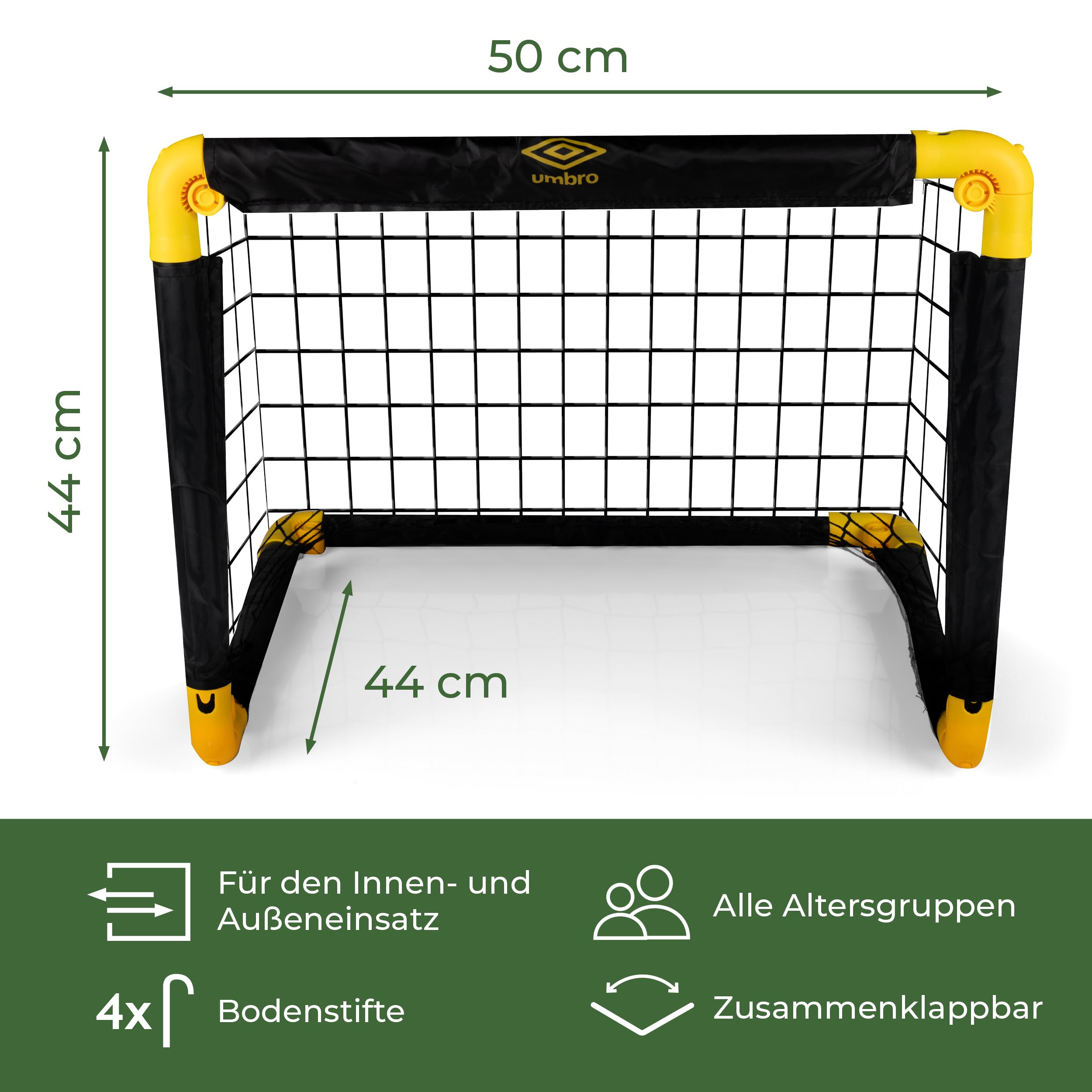 Umbro Fußballtor 50 x 44 x 44 cm - Fußballtore Set von 2 - Faltbares Fussballtor - Fussballtore für Garten Kinder - Fussball Trainingszubehör für Innen und Außen - Kunststoff - Schwarz/Gelb | Faltbar, Für Garten Kinder, Trainingszubehör für Innen und Auße