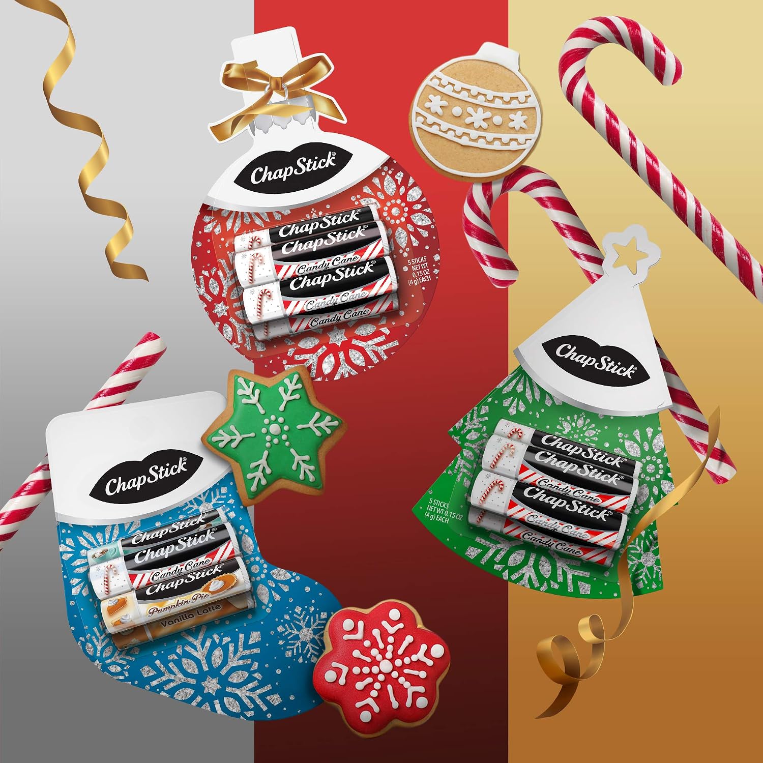 ChapStick Holiday Flavored Lip Balm Gift Set Bundle, Christmas Tree, Ornament and Stocking Gift Packs, Lip Moisturizer and Christmas Stocking Stuffer - 5 Total Tubes