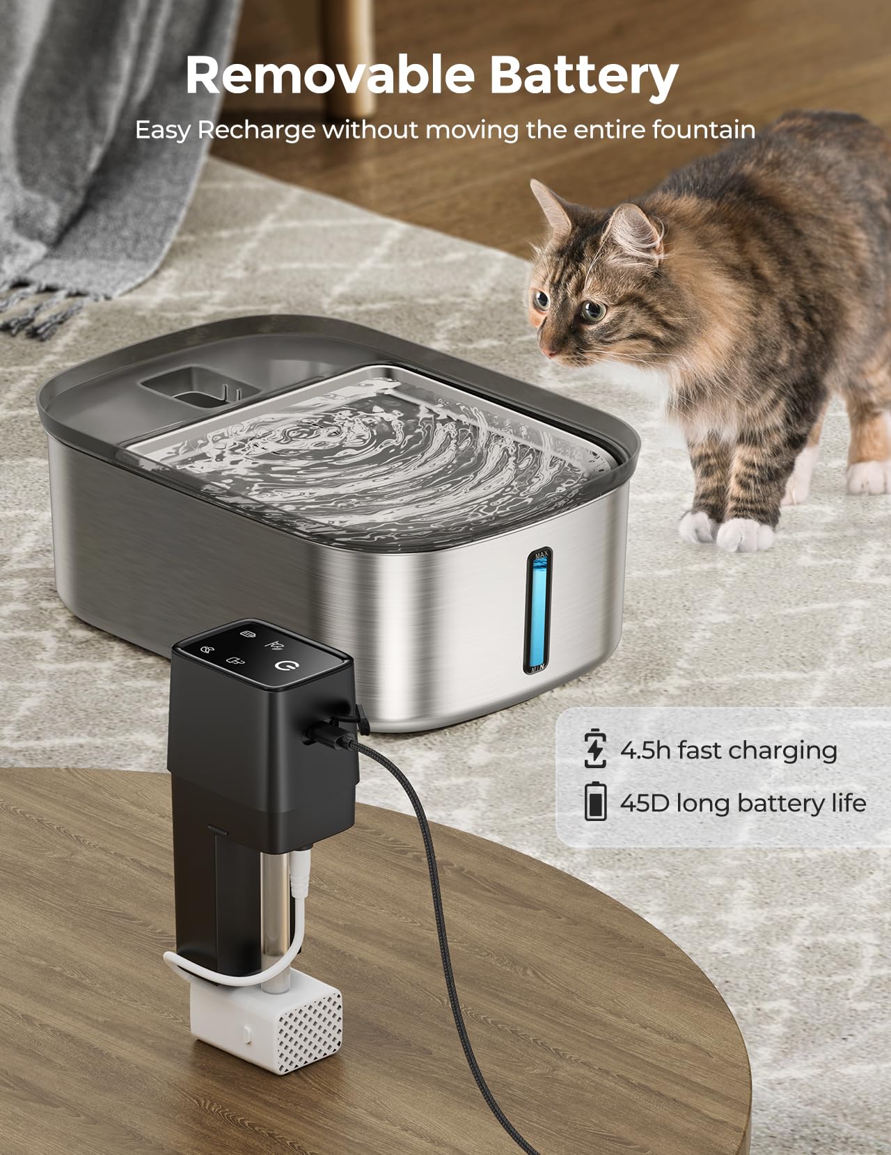Wireless 7.5l/254oz/2Gal Dog Water Fountain for Large Dogs Stainless Steel, Quiet Pet & Cat Water Fountain with Motion Sensor, Automatic Water Dispenser for Dogs&Multi-Pet Homes Continuous Fresh Flow - image 7