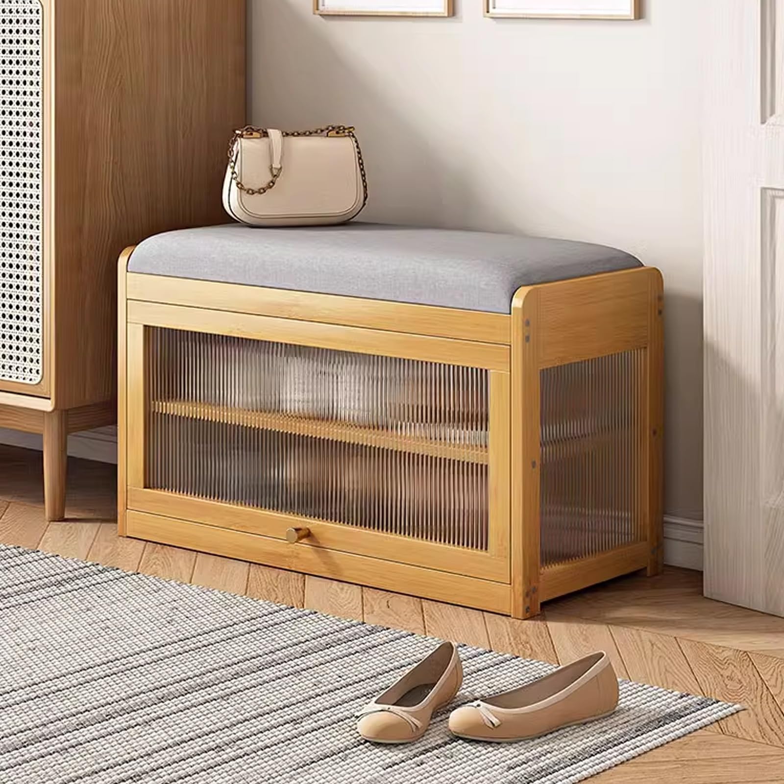 Banc à chaussures en bois avec assise rembourrée au design élégant et épuré