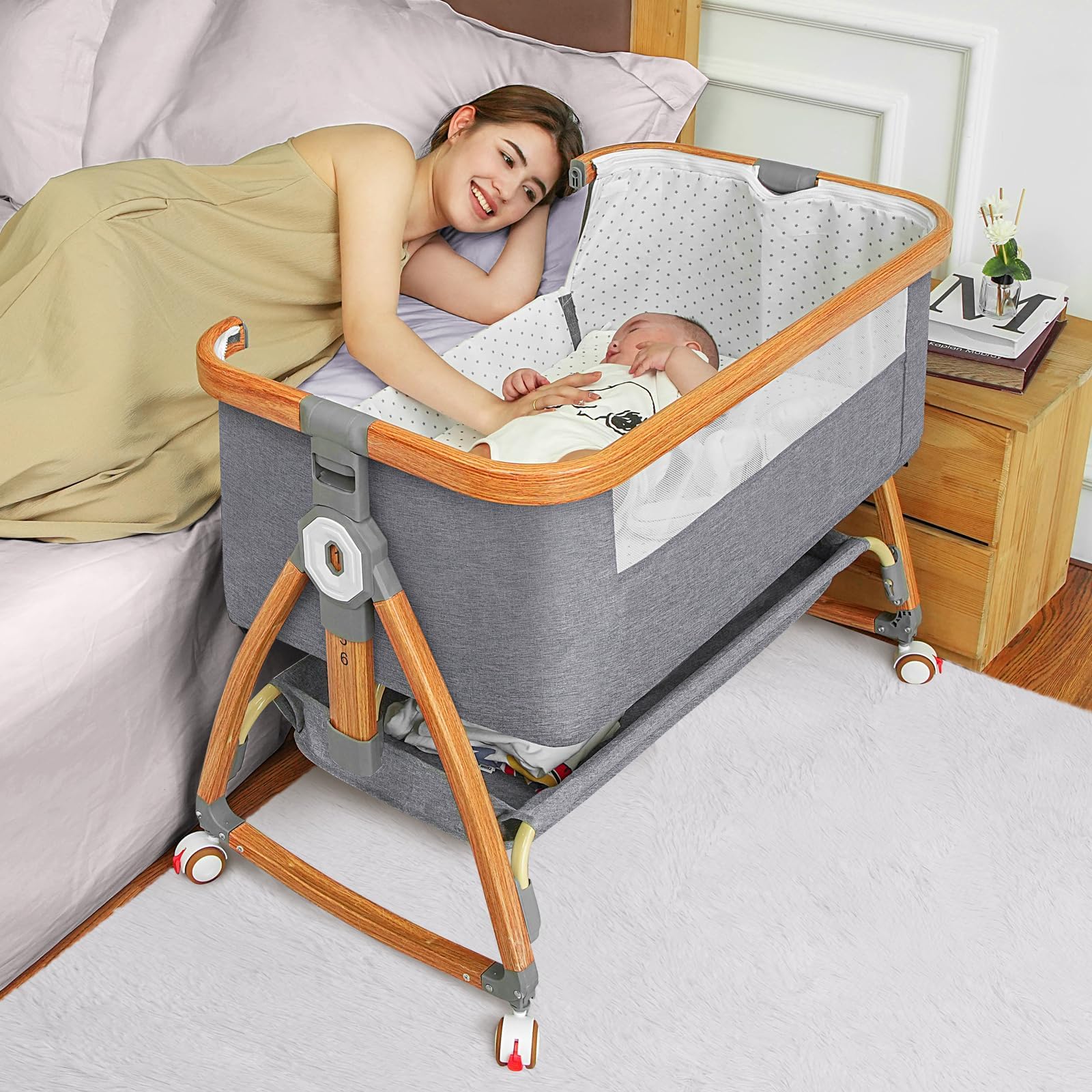 SPS Baby Bedside Sleeper with Storage Basket and Wheels,Easy Folding