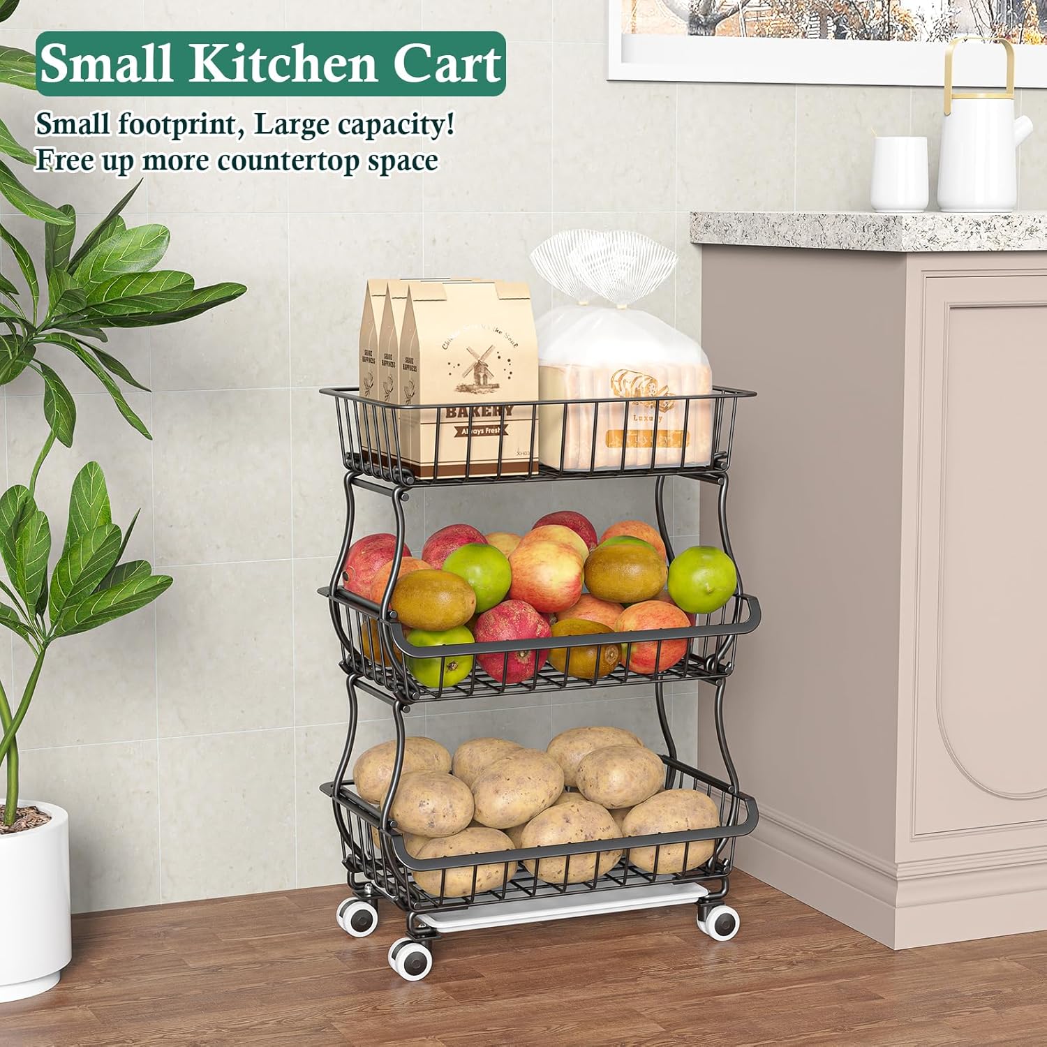 Photo 1 of  3-Tier Rolling Pantry Floor Organizer and Storage Cart with Wheels, Stackable Wire Pantry Baskets for Pantry Shelves, Kitchen Fruit Basket Stand and Storage Rack for Fruit Snack Onion Potato 