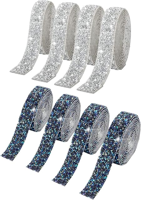 Resin Rhinestone Ribbon, 8 Rolls Crystal Ribbons, Diamond Ribbons, Bling Ribbons, Self Adhesive Rhinestone Strips, for DIY Arts Crafts (0.39in*8 Yards) (4 Black + 4 Sliver)