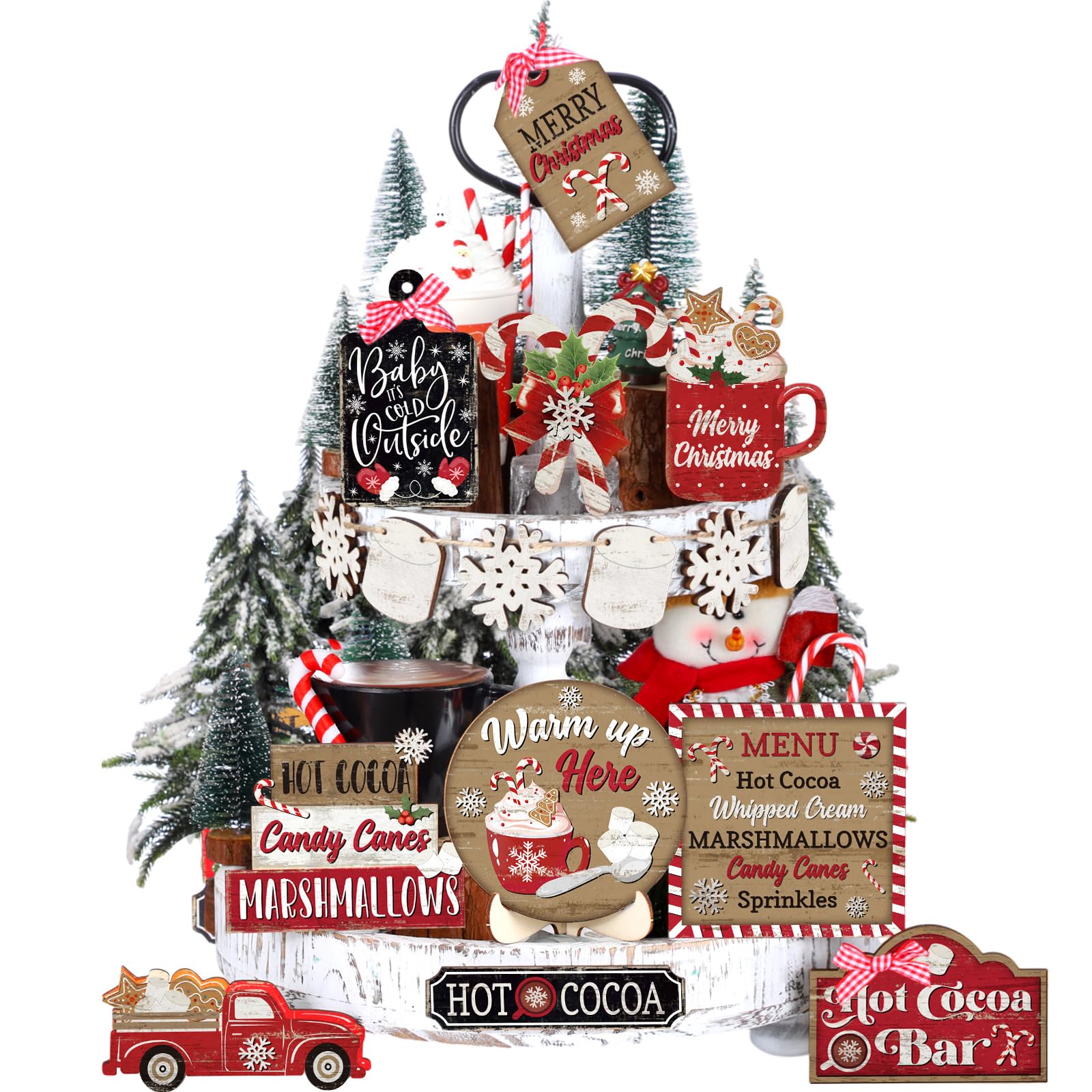 Vercraft Christmas Decor Tiered Tray Wooden Signs Farmhouse Christmas Decorations Set Snowman Snowflake Gnome Truck Indoor for Home Table Shelf (Festive, White and Multicolored, Wood, 100%)