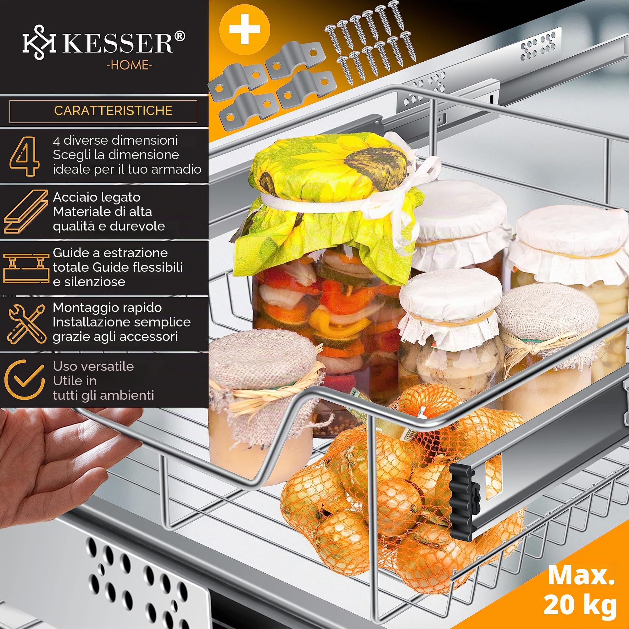 KESSER® Cassetto Telescopico - 4x 60cm ✓ Cassetto per Cucina ✓ Armadio per Cucina ✓ Cestello estraibile ✓ Armadio estraibile ✓ Cassetto ad estrazione totale ✓ Cassetto - Argento