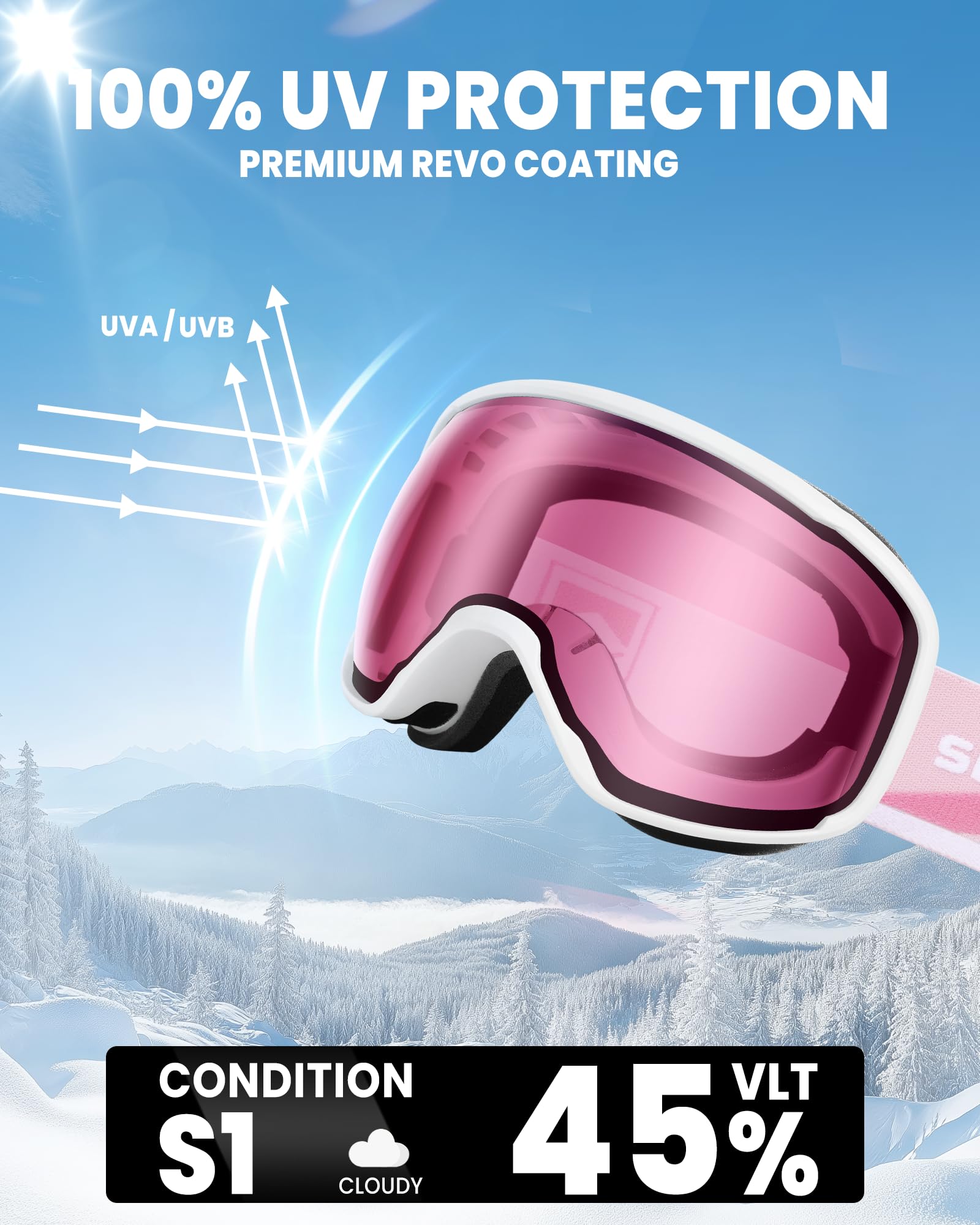 SNOWER Lunettes de ski sphériques OTG anti-buée HD avec protection UV400 pour hommes, femmes et jeunes