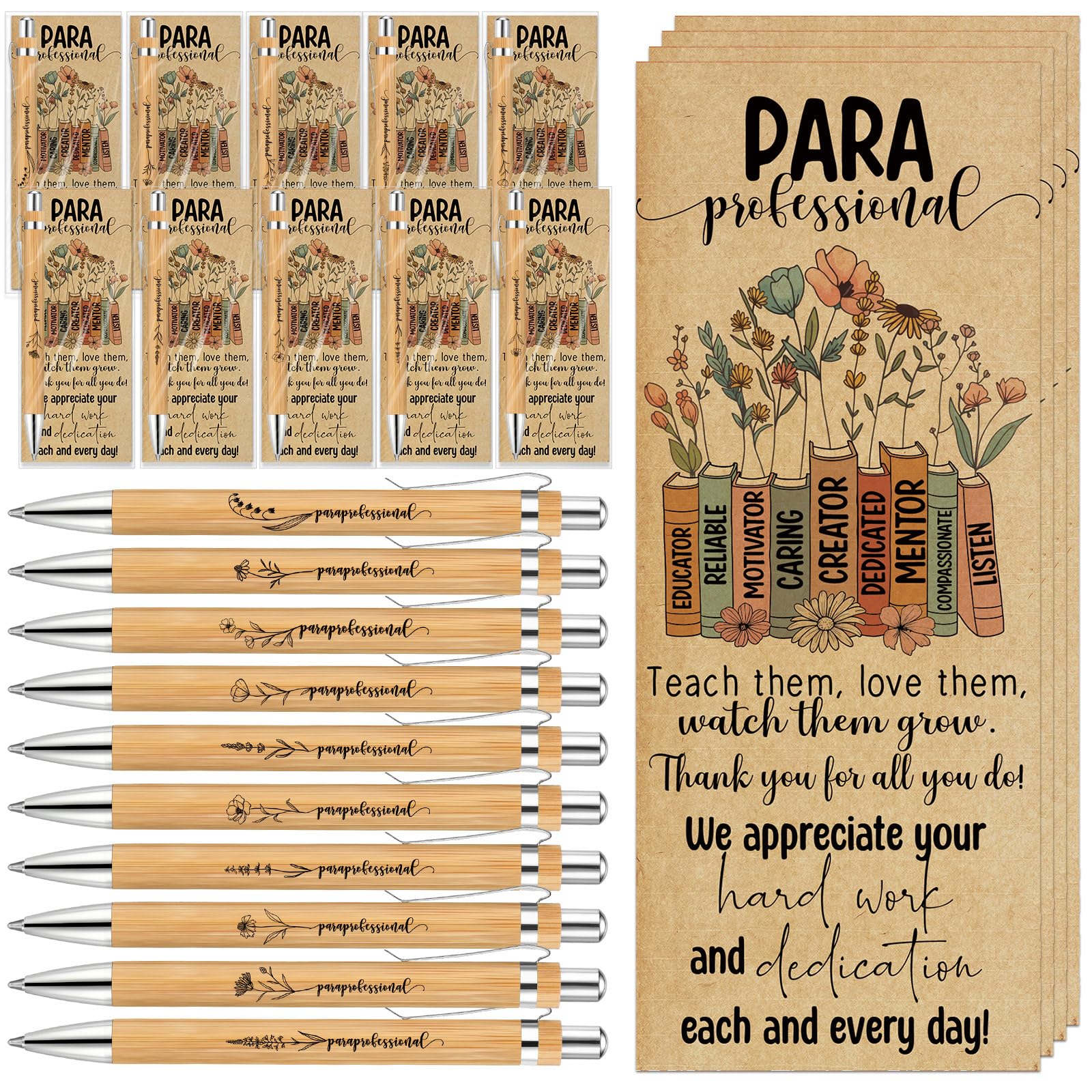 ReliThick 10 Sets Paraprofessional Appreciation Gift Bulk Bamboo Ballpoint Pen with Thank You Greeting Card Gifts for Paraprofessional Teaching Assistant Coworker Teacher Staff Team