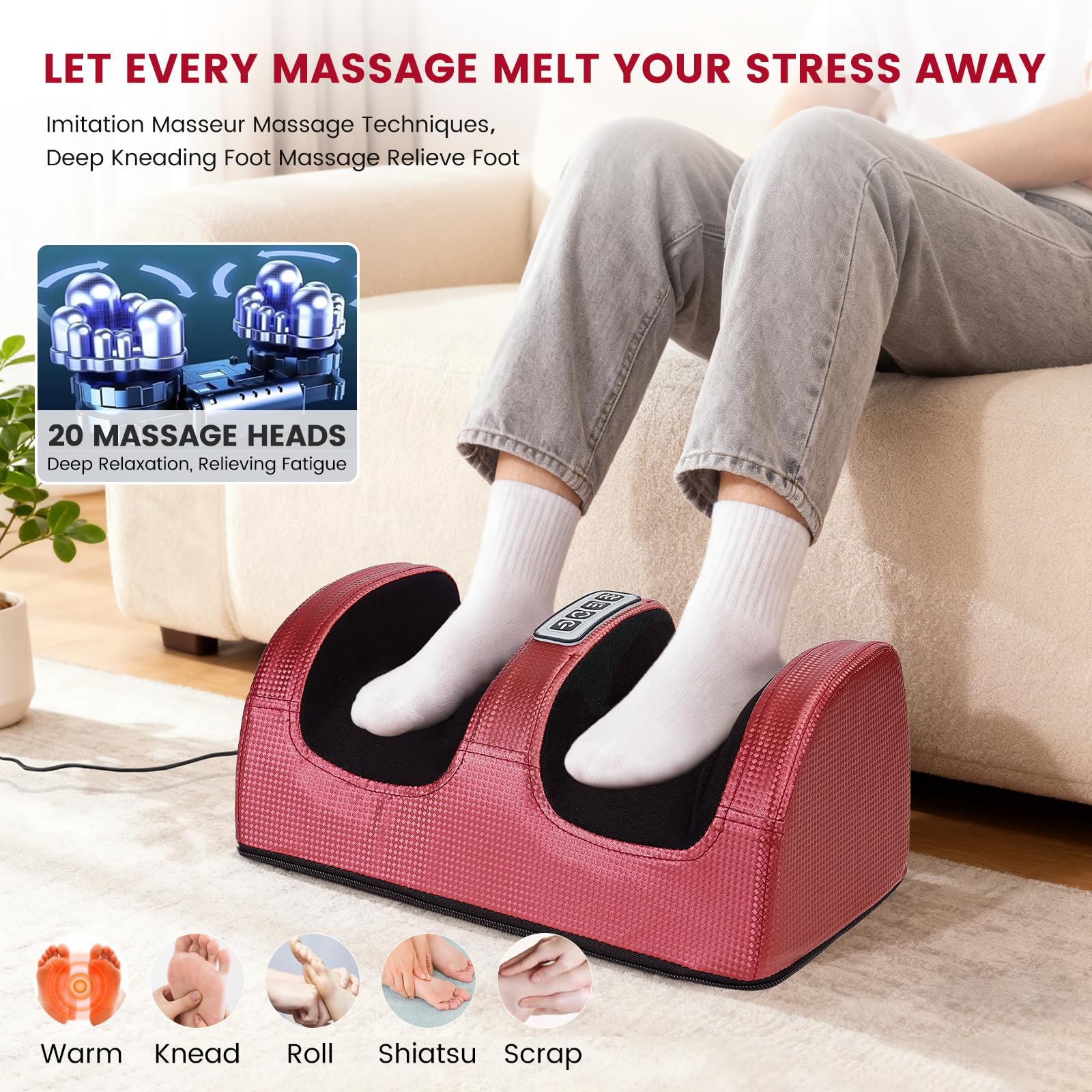 Masajeador de Pies con Calefacción - Masajeador Pies Shiatsu Eléctrico para Piernas Cansadas Fascitis Plantar - Masaje De Tejido Profundo Foot Massager - Regalo Originales para Mujer Mamá Papá (Rojo)