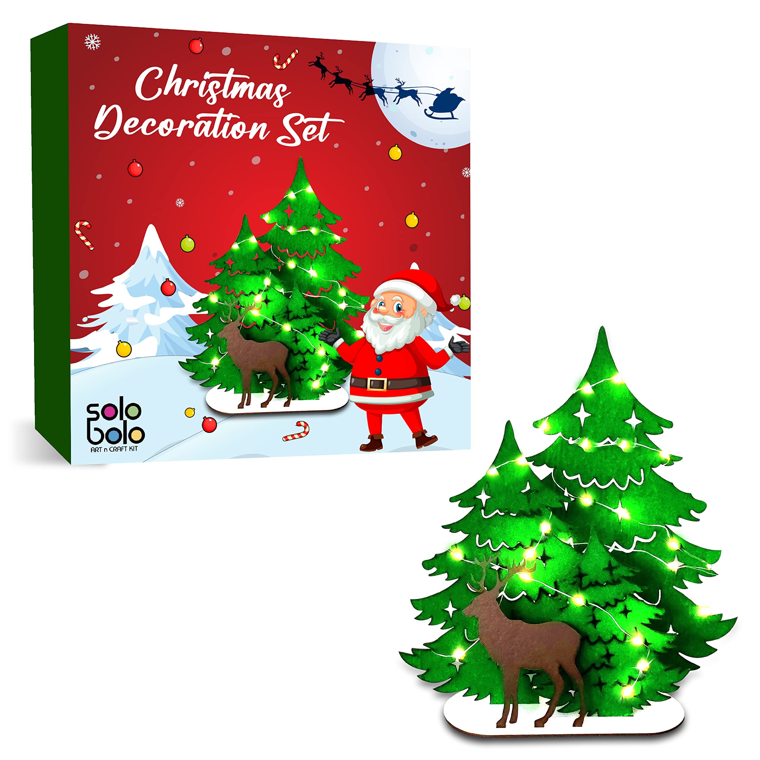 Solobolo Christmas Decor Table Top Mini Christmas Tree with Reindeer and Christmas Lights for Kids