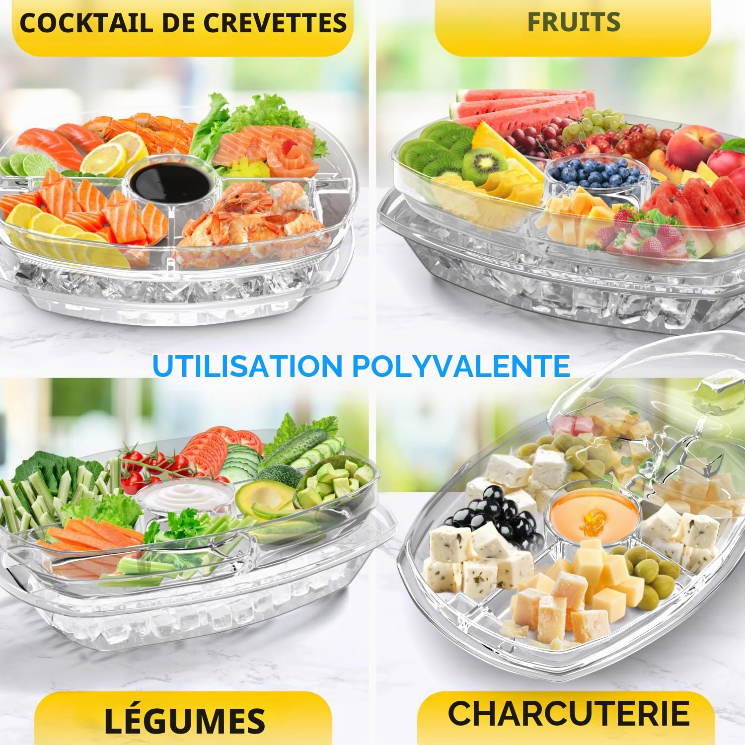 Plateau de service réfrigéré de qualité supérieure pour les fêtes – Plateau de fête glacé glacé de 38,1 cm avec couvercle et support pour trempettes – Plat froid fonctionnel avec 4 compartiments –
