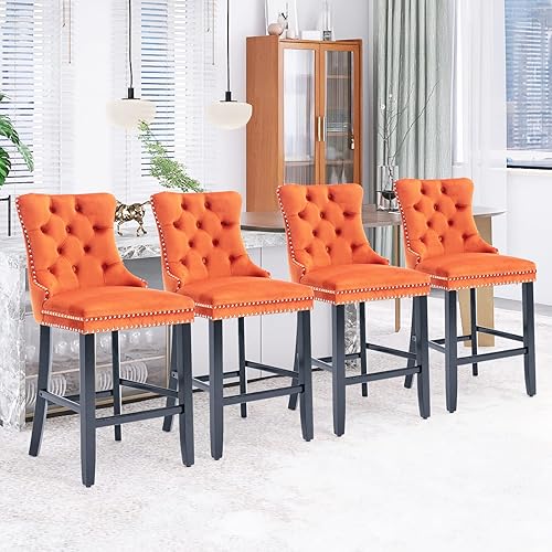 Bar Stools Set of 4, Velvet Upholstered Bar Stool for Kitchen Island, Counter Stools with Nailhead Trim, Orange