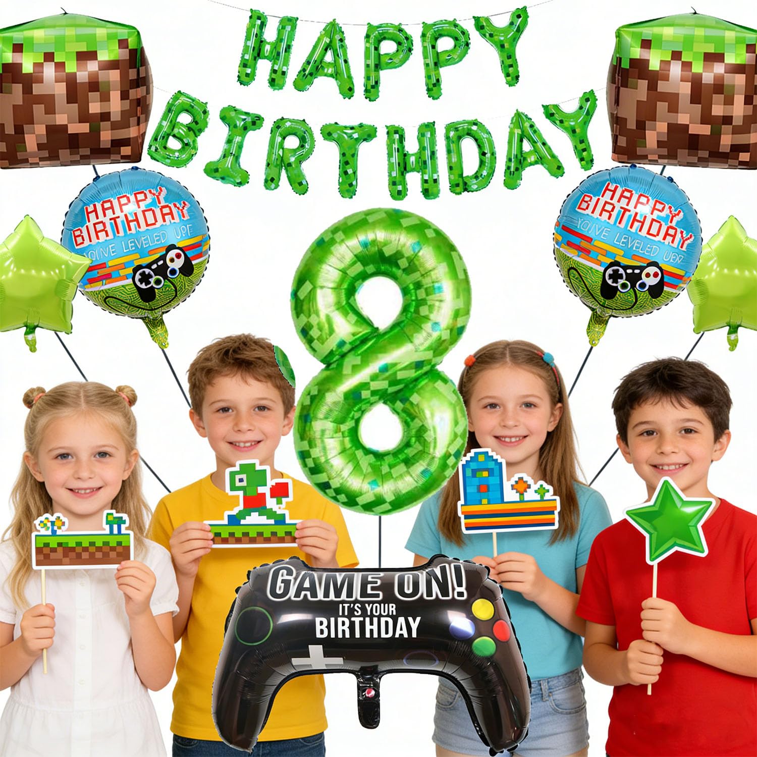25 sztuk balonów na przyjęcie urodzinowe, gra pikselowa, zestaw gier z banerem "Happy Birthday", balon foliowy z cyfrą 102 cm, balony blokowe z trawą, balon z gamepadem dla dzieci, chłopców