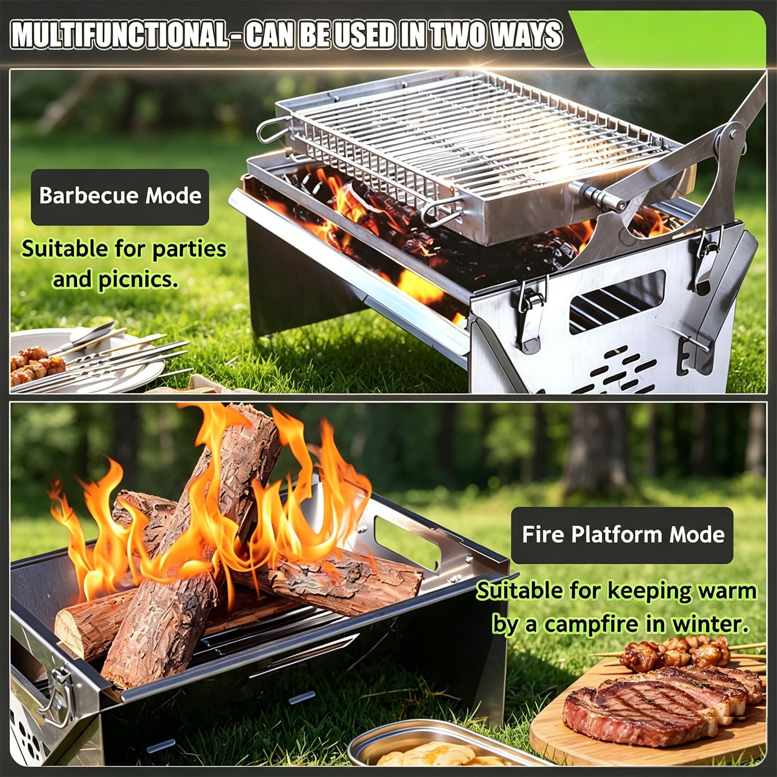 Obrotowy grill o 360°, siatka do gotowania ze stali nierdzewnej na kemping, pikniki i imprezy na plaży, zdejmowane narzędzie do gotowania na węgiel drzewny