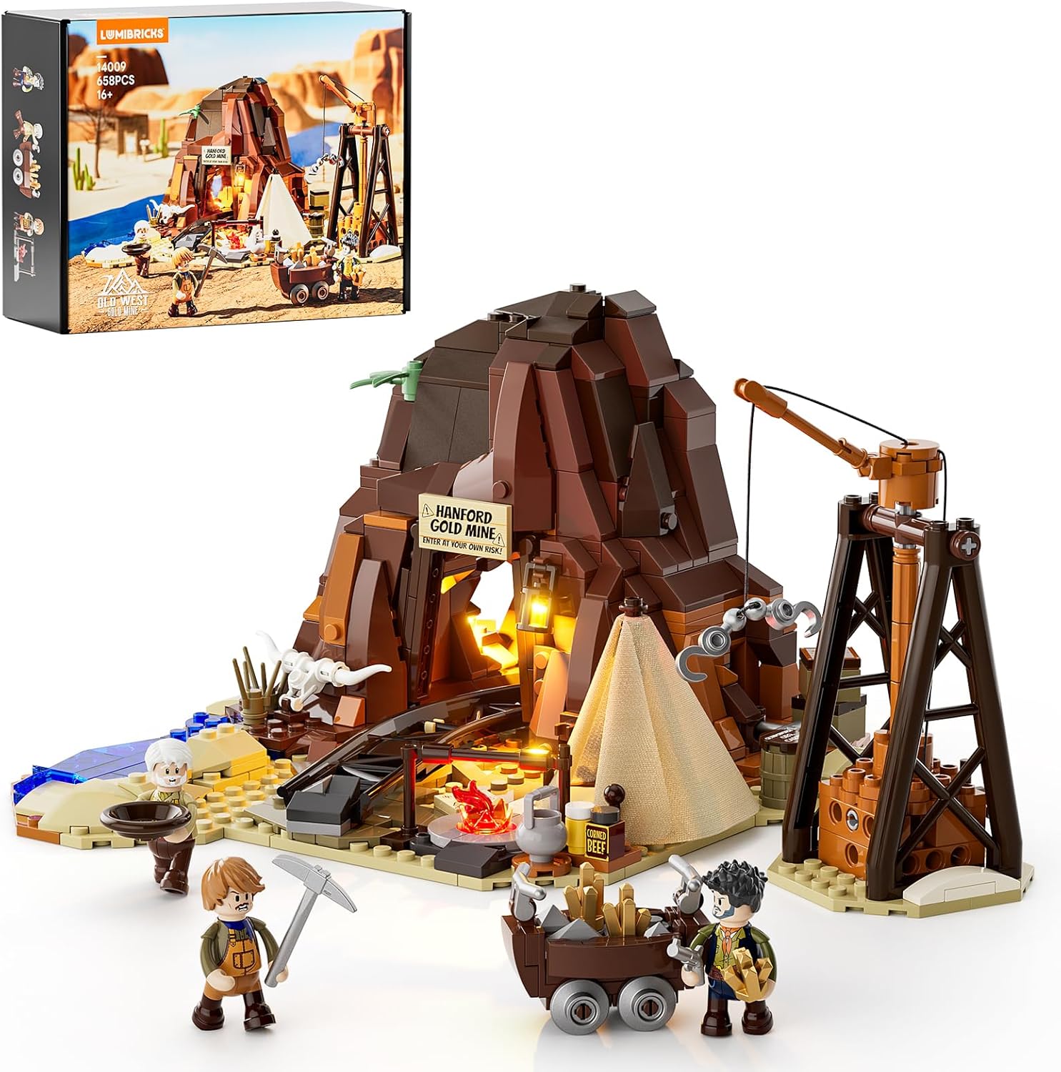 Wild West Gold Mine Lighting Building-Bricks Set - Western Prospector’s Dig Entrance 658 Pcs Mining Playset for Adults and West Lovers
