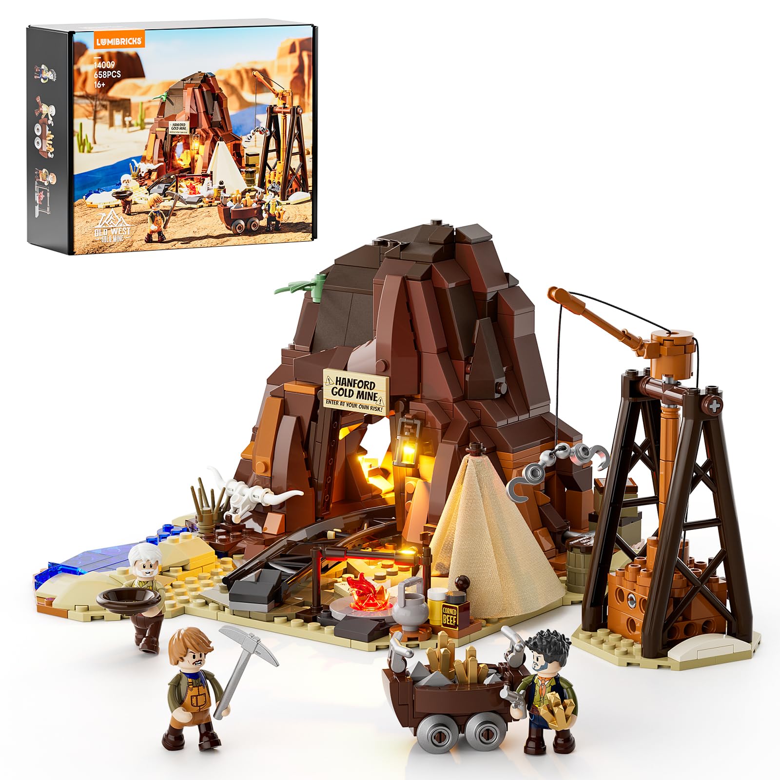 Lumibricks Goldmine Building Set with Lighting - 658 Pcs Western Mining Camp with Working Ore Cart, Dynamite, Double-sided Mini Figures & Tunnels - Wild West Set for Adults & Teenagers