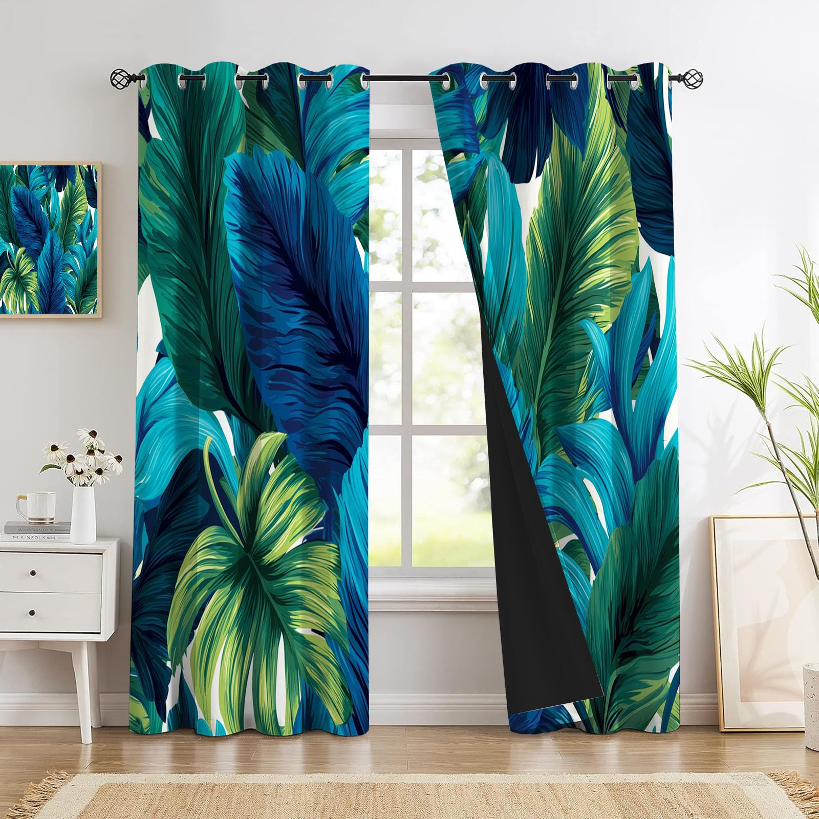 Rideaux occultants feuilles de bananier et monstera bleu-vert de 110 x 215 cm