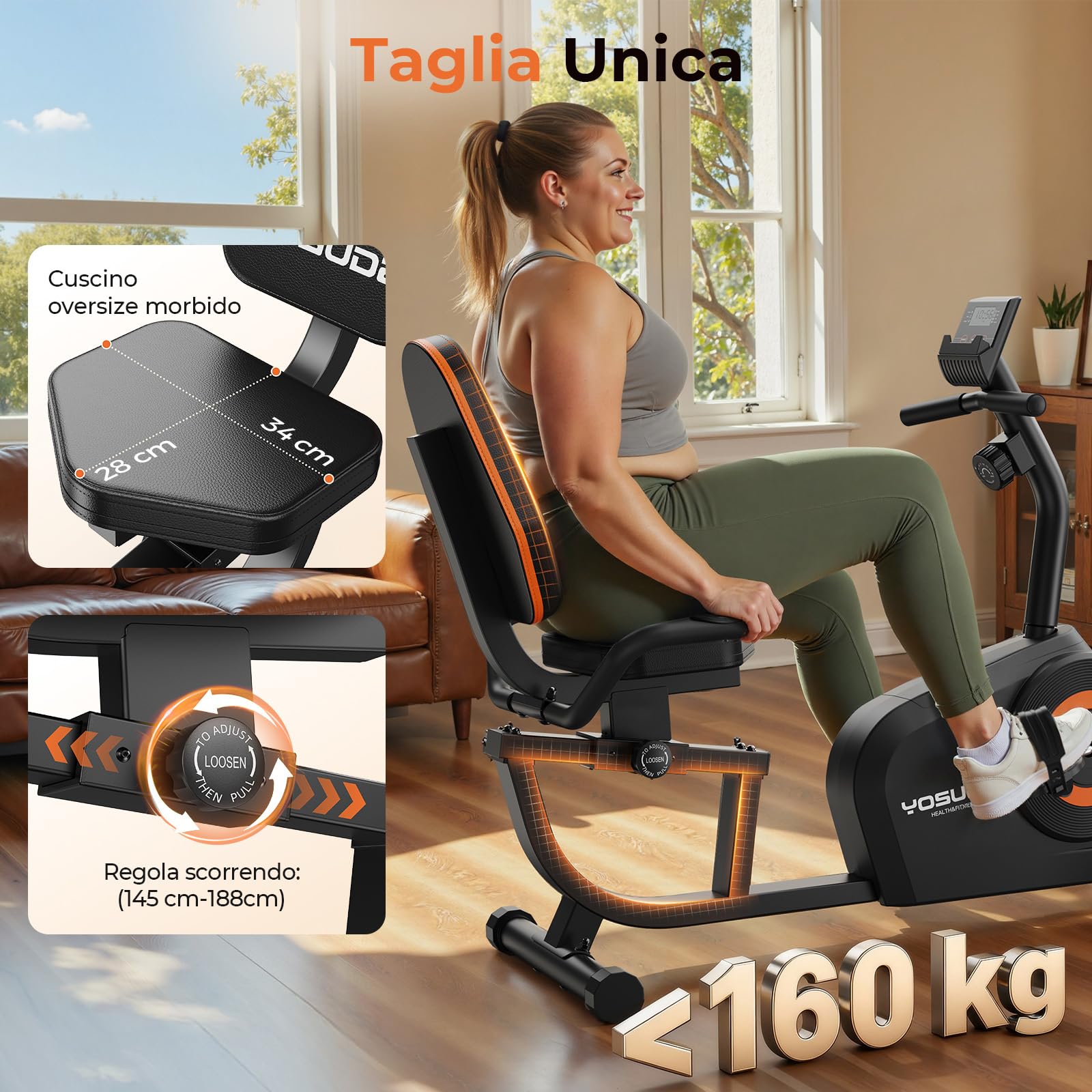 YOSUDA Cyclette da Seduta, 16 Livelli di Resistenza Magnetica, Silenziosa, Cyclette Reclinata per Casa, Sedile Regolabile, Montaggio Semplice, Display LCD e Sensori di Polso, 160kg, cyclette da casa