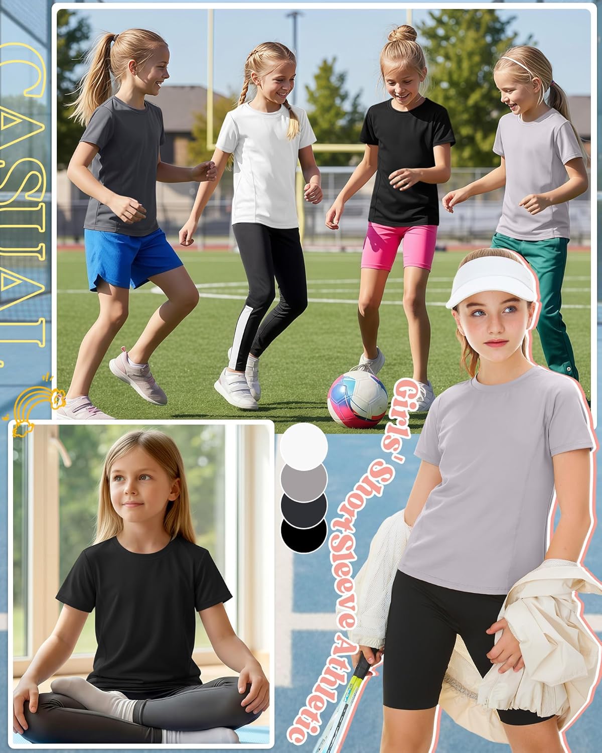 4 Pack Girls' Athletic Shirts Short Sleeve Quick Dry Active T-Shirt Summer Crew Neck Sports Activewear Top for Kids