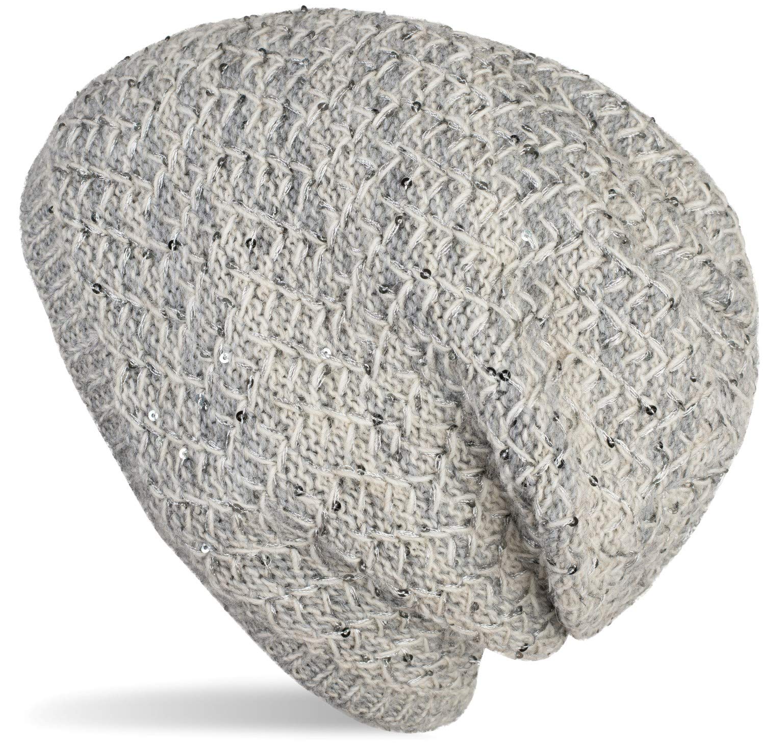 styleBREAKER Women Knit Beanie with Sequins and Thermo Fleece Lining, Slouch Long Beanie, Made in Poland 04024168, Colour:Light-Grey
