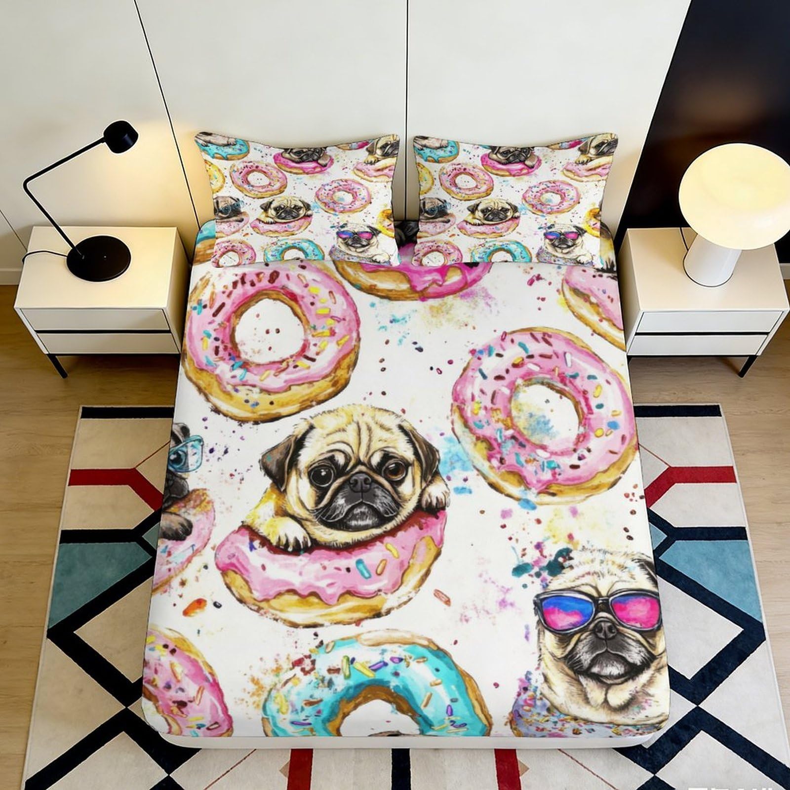 3D Printed Donut Fitted Sheet Microfiber Pug Bed Cover Colourful Pattern Mattress Protector for Bedroom Dorm Easy Care 90x200x25cm