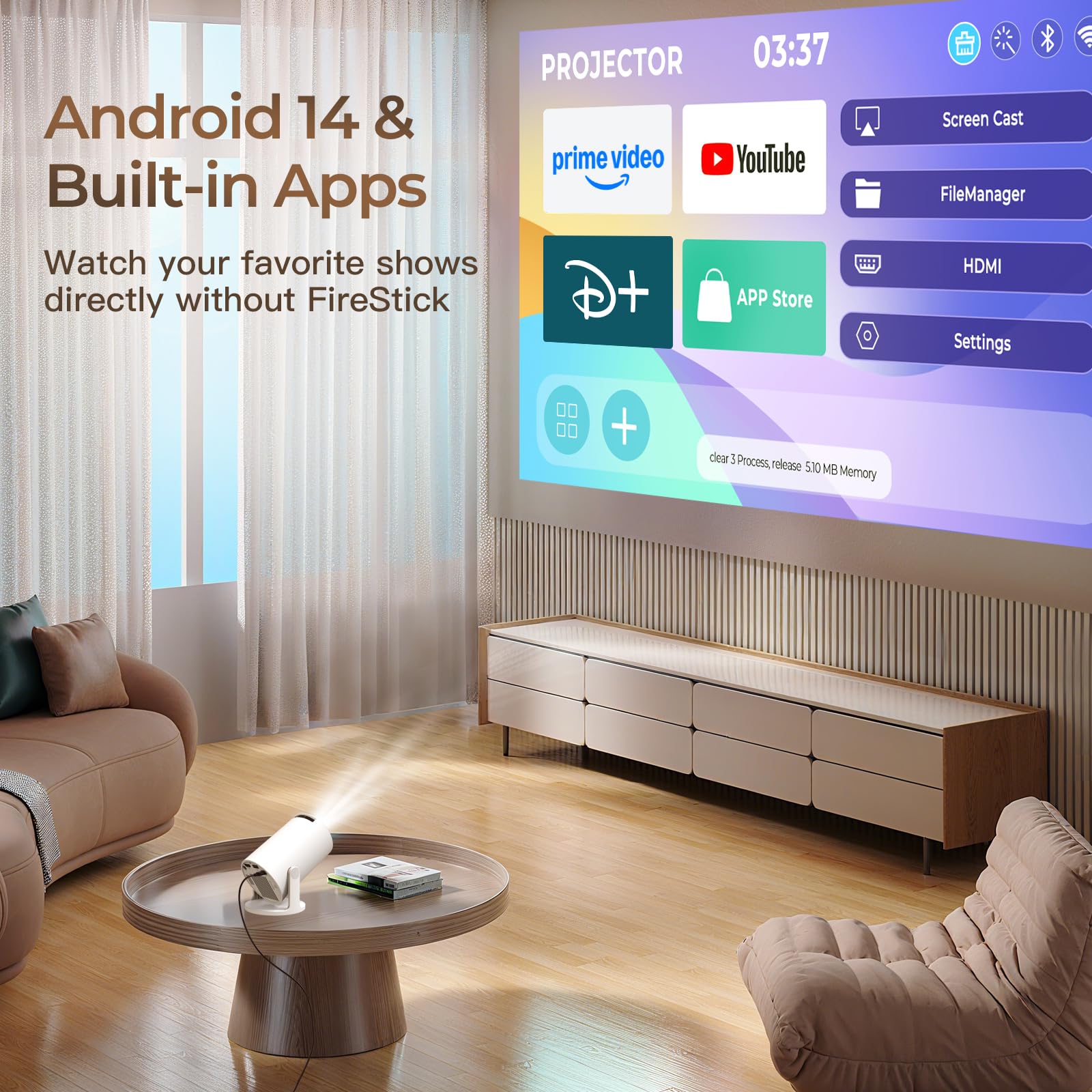 Mini Proiettore con WiFi e Bluetooth Integrato, Android 14, Supporto 1080P 4K, Proiettore Portatile, Rotazione 180°, Versione Aggiornata HY300 Pro+, per Uso Domestico ed Esterno LYNCAST
