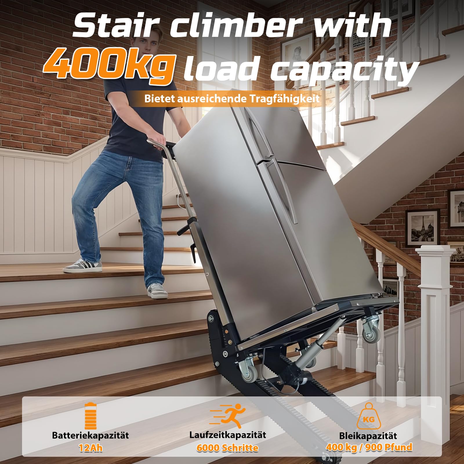 Carrello saliscale elettrico da 1200 W con catene migliorate e ripiano regolabile in altezza, batteria al litio, fino a 400 kg con corda di sicurezza, saliscale per carichi pesanti per magazzino e