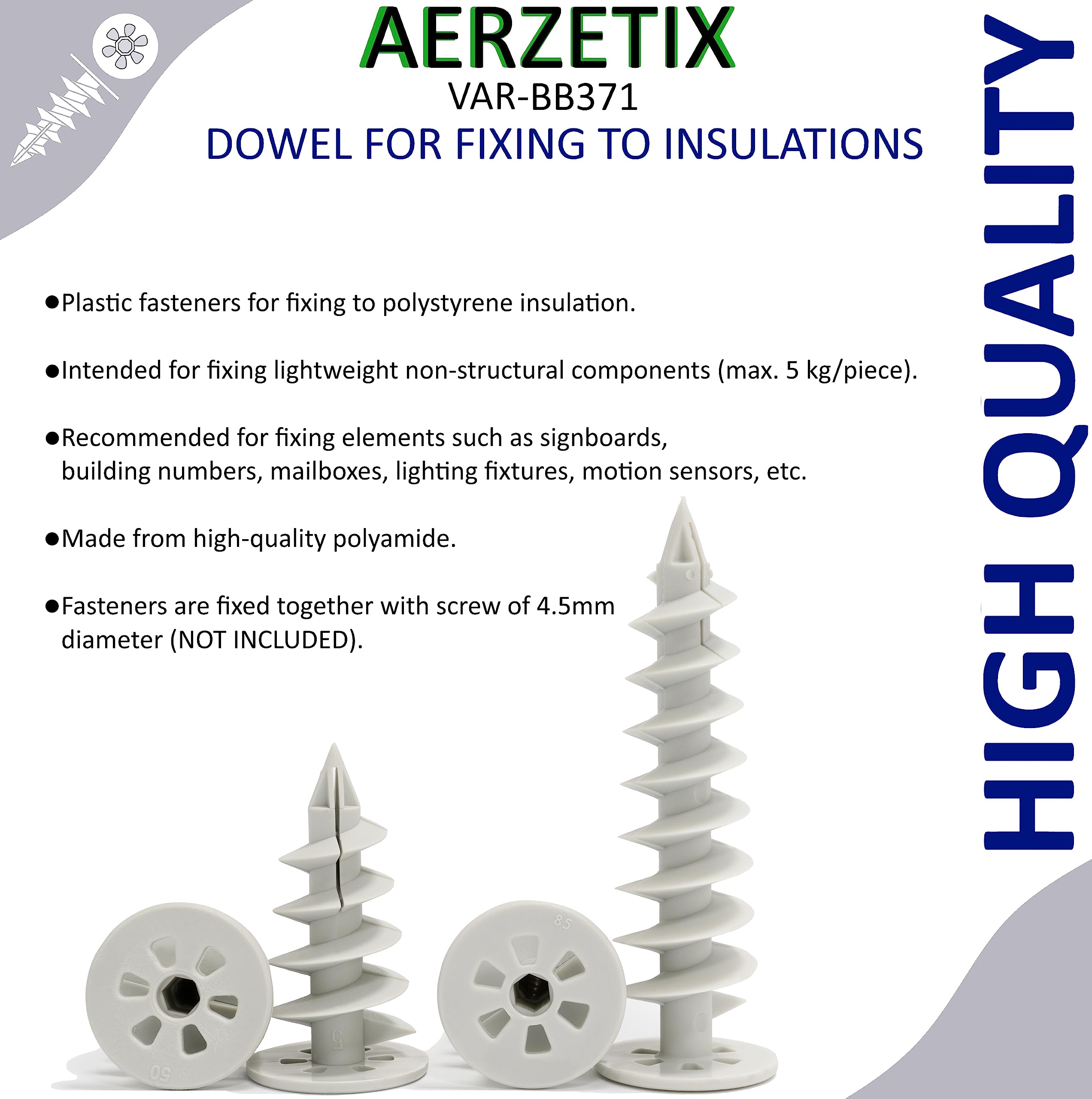 AERZETIX - C67110 - Juego de 10 tacos helicoidales Ø28x50mm para fijación en aislamiento de poliestireno poliuretano EPS XPS - huella hexagonal 6 lados - para tornillos 4.5mm - en plástico