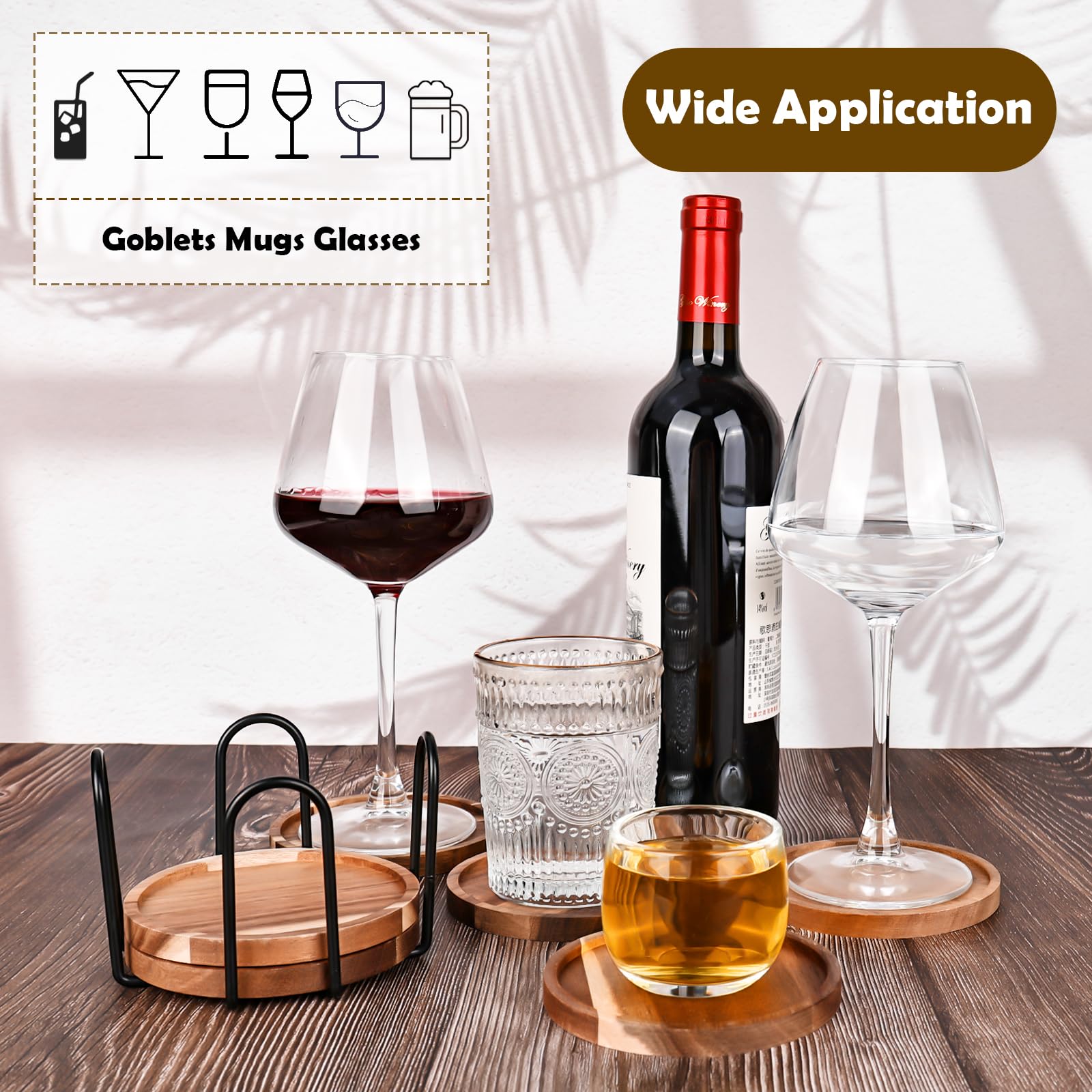 XTDMJ 6 posavasos redondos de madera de acacia con soporte, posavasos de cristal posavasos de corcho para té, bebidas, tazas, latas, vasos