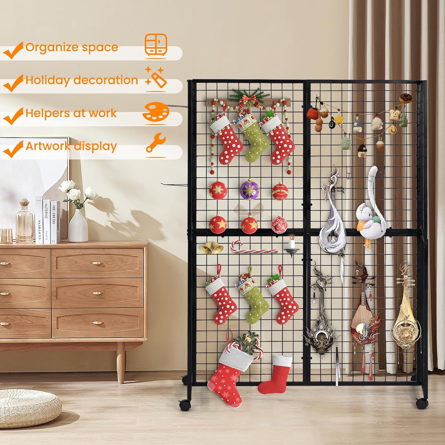 GridWall Display Stand with Wheels, Grid Wall Panels Display Stand Rack, Grid Walls for Craft Shows,Art Show Display Panels Extra Hooks, Black