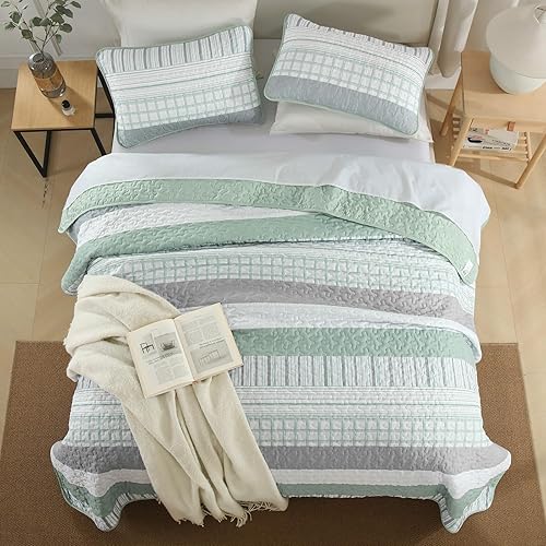 Miniatura 10 de DJY Juego de edredón a rayas tamaño Queen, juego de edredón bohemio a rayas marrones y verdes, juego de ropa de cama de microfibra suave, 3 piezas