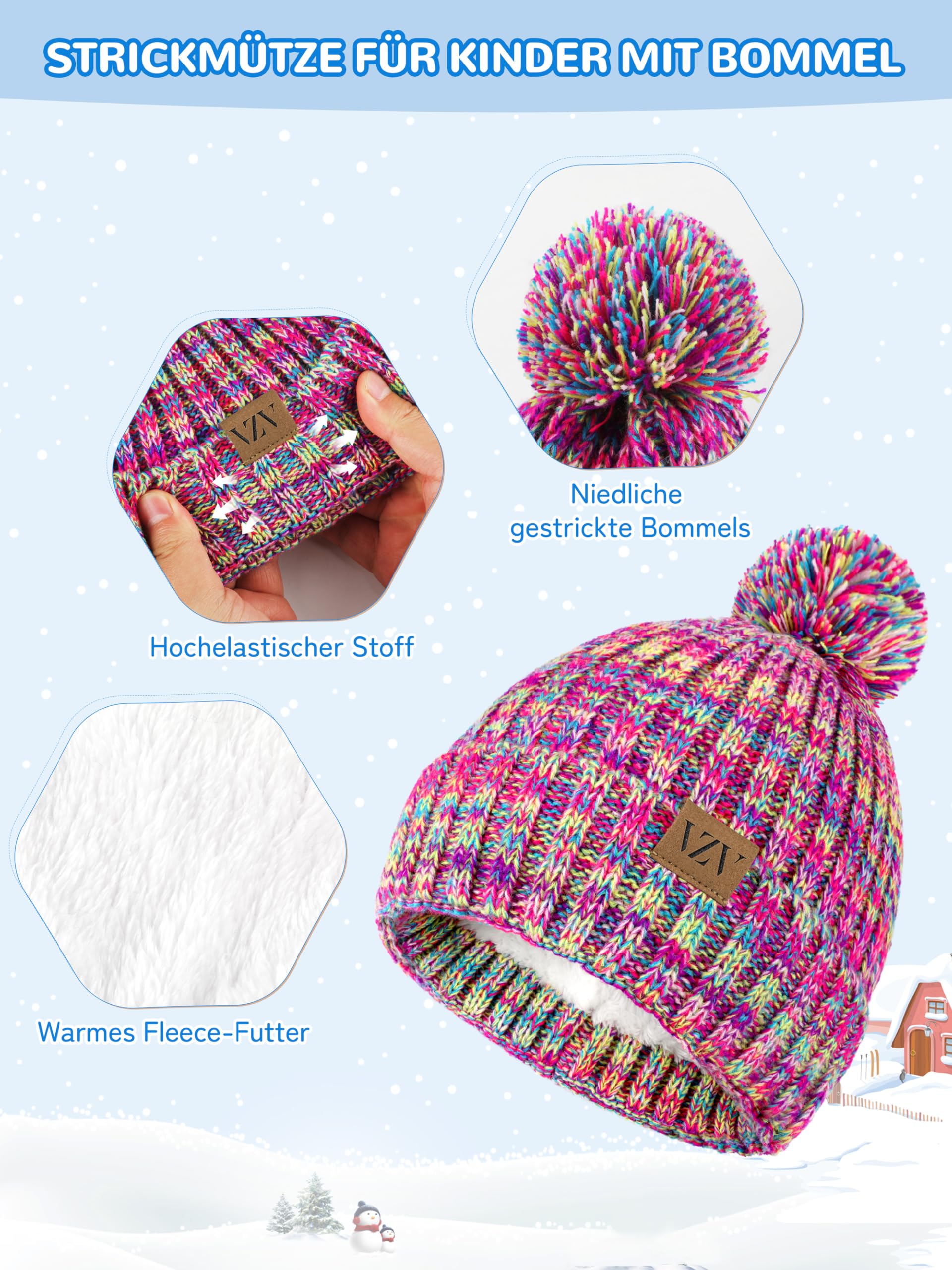 VZV Kinder Winter Mütze Schal Handschuhen Set, Winter Strickmütze mit Bommel Warme Halstuch Gefütterte Fleece-Handschuhe für Jungen Mädchen 2-14 Jahre