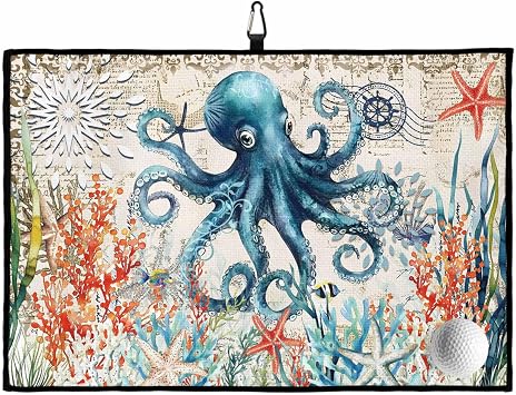Ocean Octopus Coral Starfish Golf Towels 24x16in, Absorbent Microfiber Waffle Pattern Golf Towel with Carabiner Clip Marine Animals Vintage Letter Cleaning Cloth for Ball Club