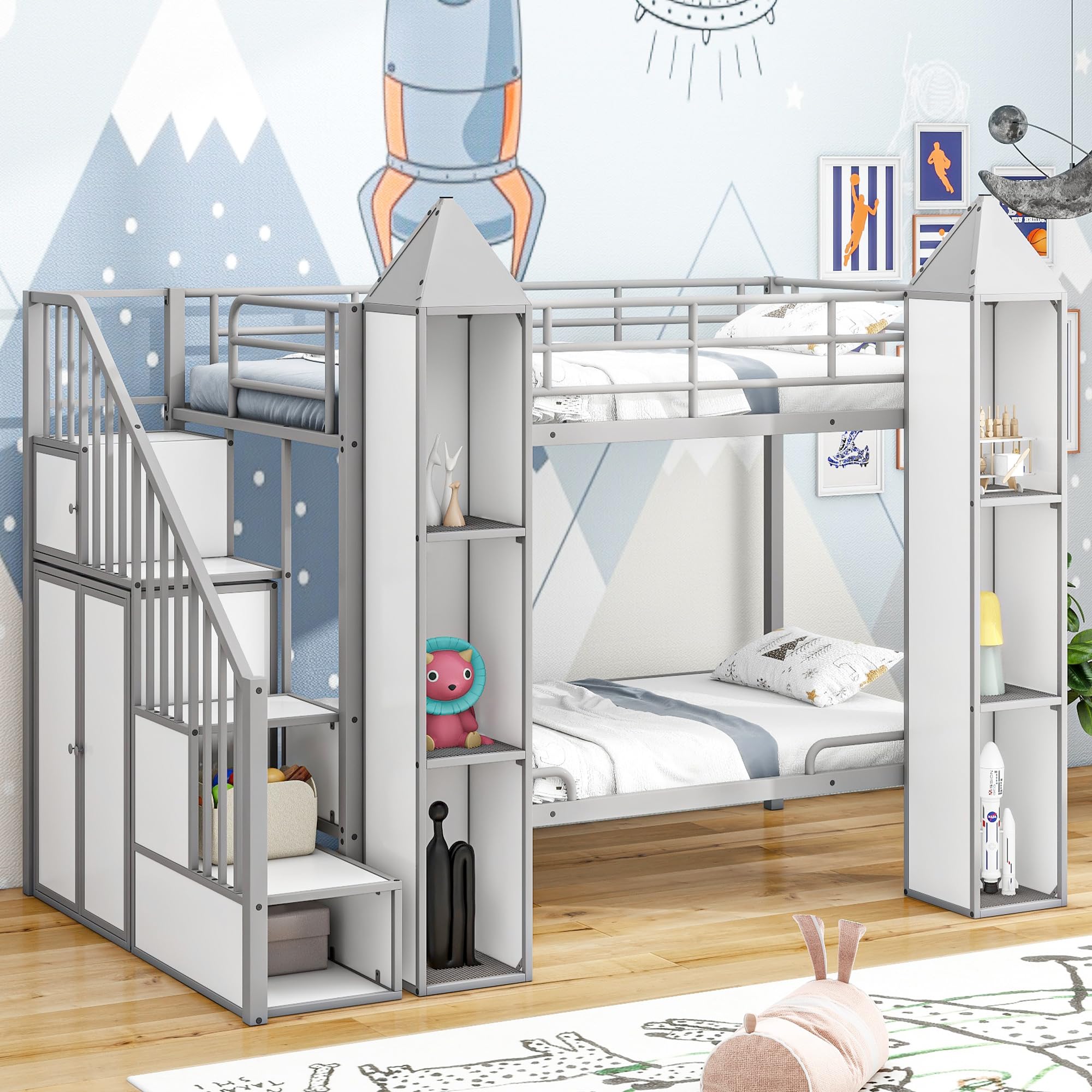 Jintop Twin Over Twin Size Bunk Bed with Storage Shelves & Wardrobe Design for Kids Bedroom,Castle-Shaped Metal Bedframe w/Safety Guardrails,for Kid Adult Boy Girl,Gray+White