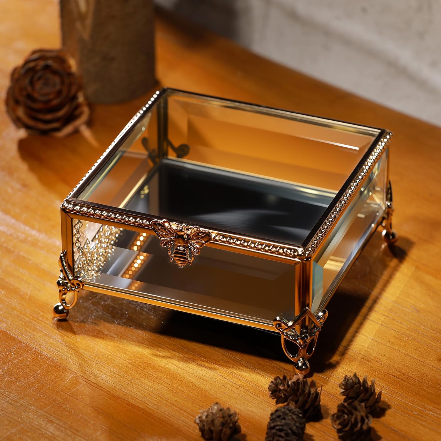 Glass Vintage Jewelry Box Keepsake storage Trinket Ring Display Box Home Decor Beveled Clear Glass Box Organizer(5.1x5.1x2.6inches)