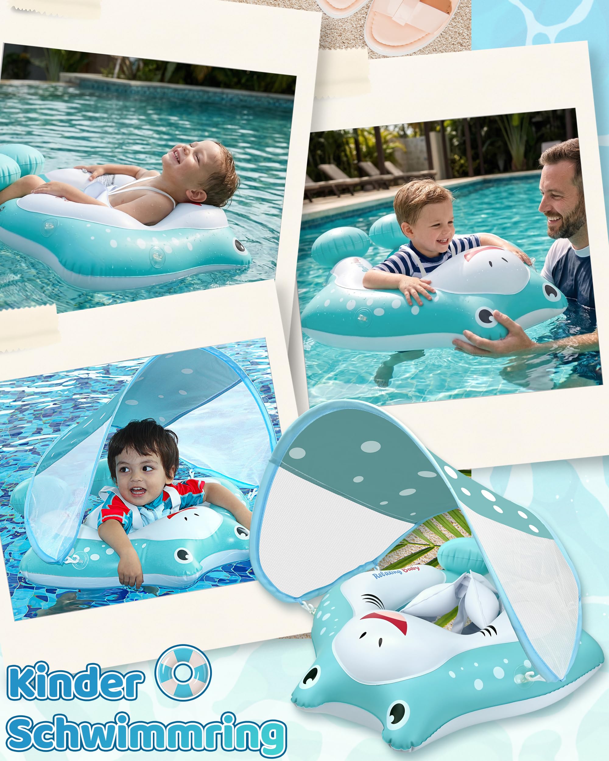 Galleggiante per bambini con baldacchino, galleggiante per piscina con seggiolino di sicurezza, galleggiante da nuoto e galleggiante per bambini da 12 a 36 mesi (L: 12-36 mesi)