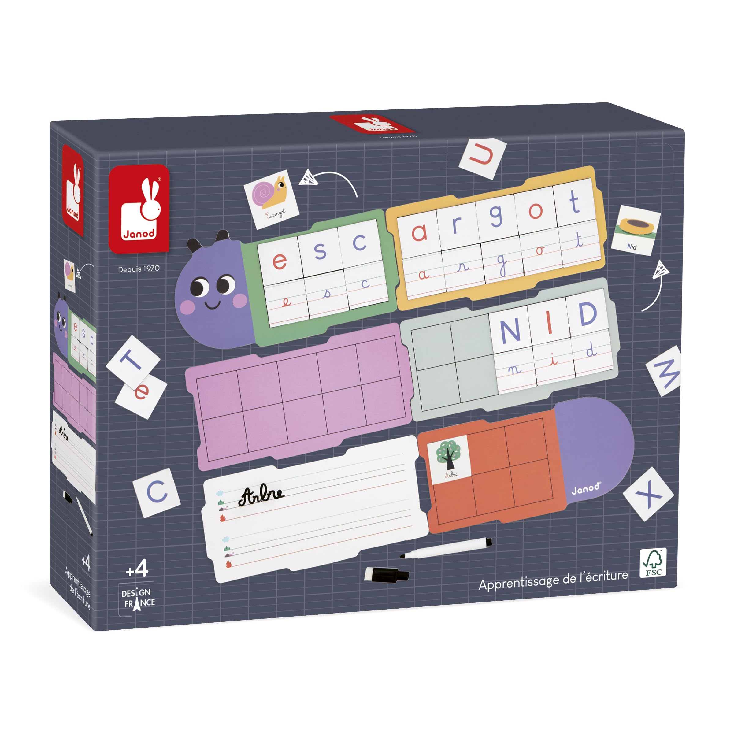 Janod - Learning to write - Ideal for Kindergarten and Early Learning - Learning letters - 6 Boards and 78 Magnetic Letters - Educational toys for children - From 4 years - J05092