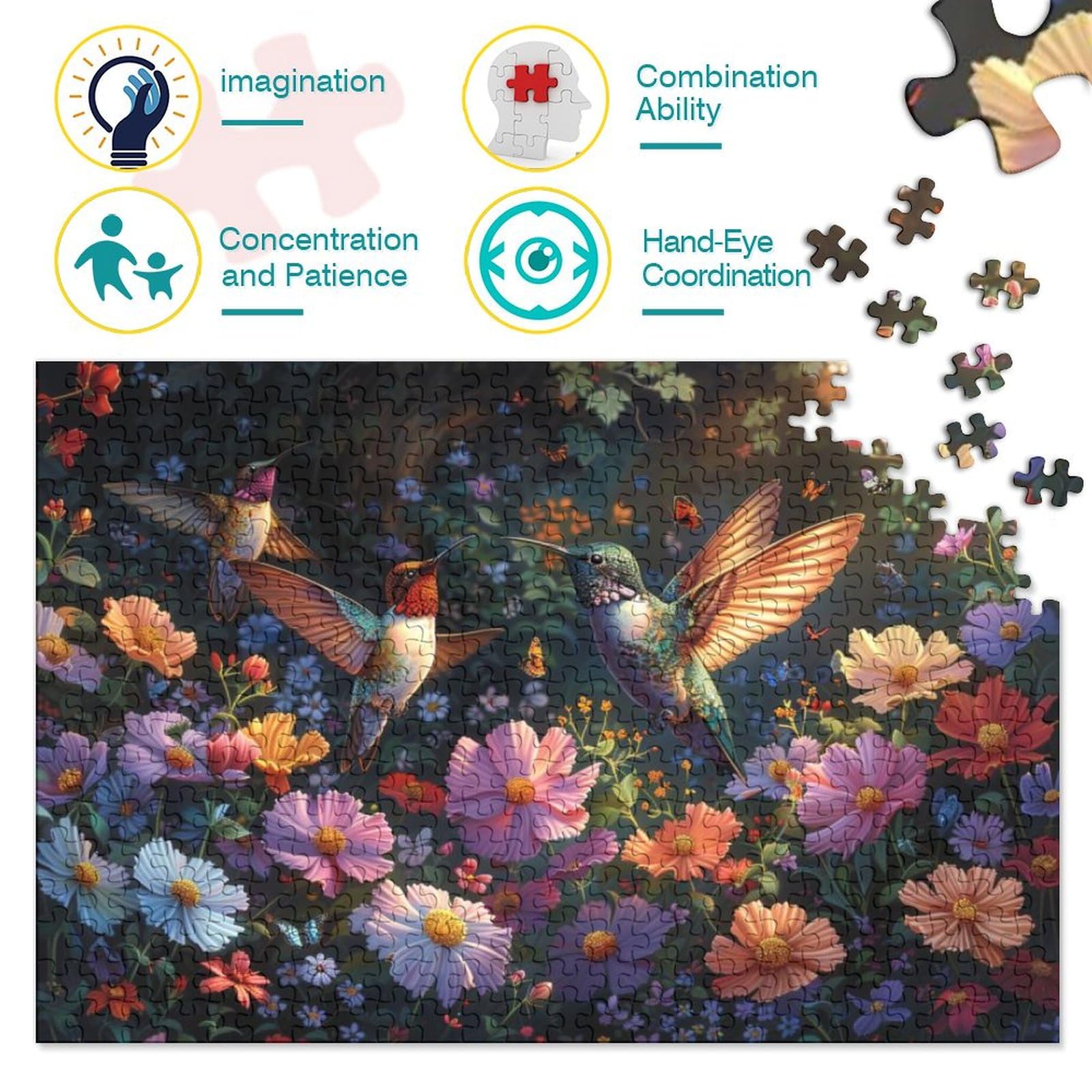 Puzzle 1000 Pezzi Vetro Colorato Per Adulti – Uccelli E Fiori Con Cardinale, Colibrì E Pappagallo – Sfida Difficile