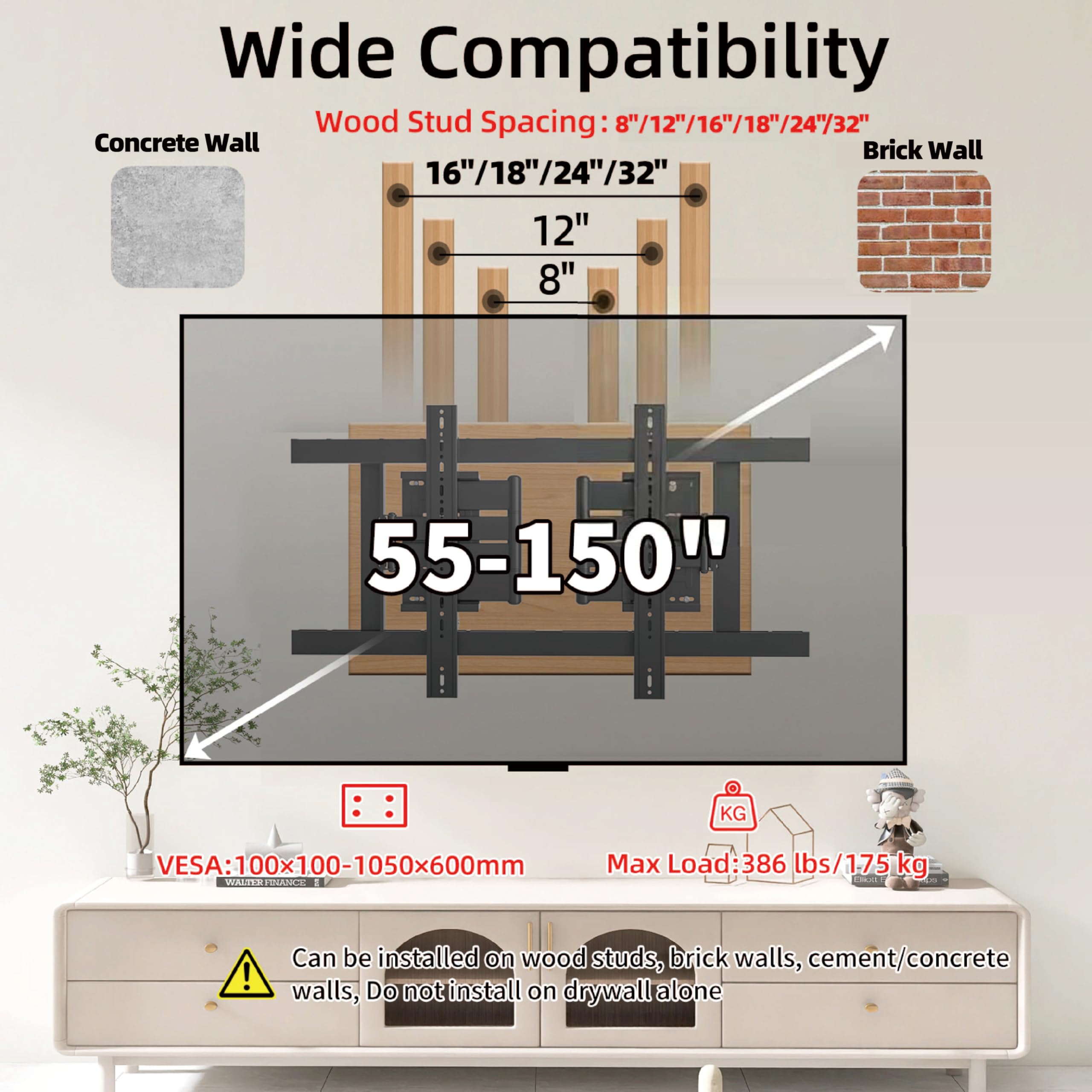 Soporte TV Pared Movimiento Completo 55-150 Pulgadas Televisión hasta 175 kg, Soporte TV 8 brazos MAX VESA 1050x600