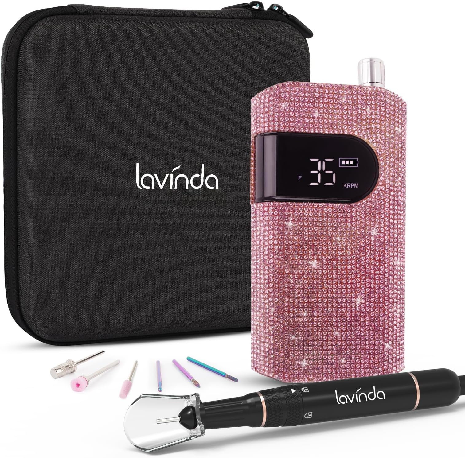 Professional Nail Drill Machine, Lavinda 35000RPM Electric Nail File for Acrylic Gel Nails, Cordless Portable Nail Drill Kit with Coreless Motor, Manicure Pedicure Shape Tools (Diamond, Pink)