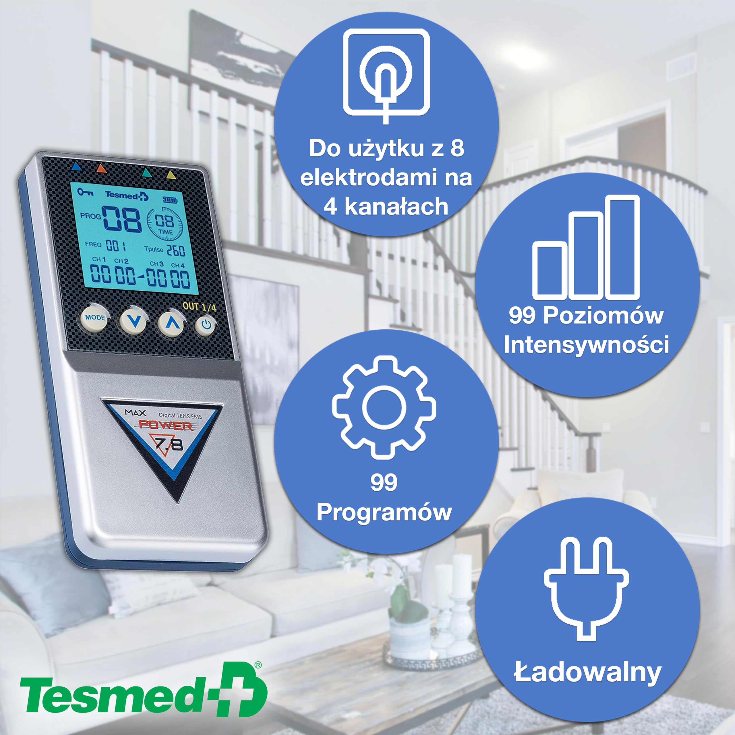 TESMED Max 7.8 TENS, EMS & Massage elektrostymulator, 4 kanały | Z 8 elektrodami do budowy mięśni i elektrostymulacji.