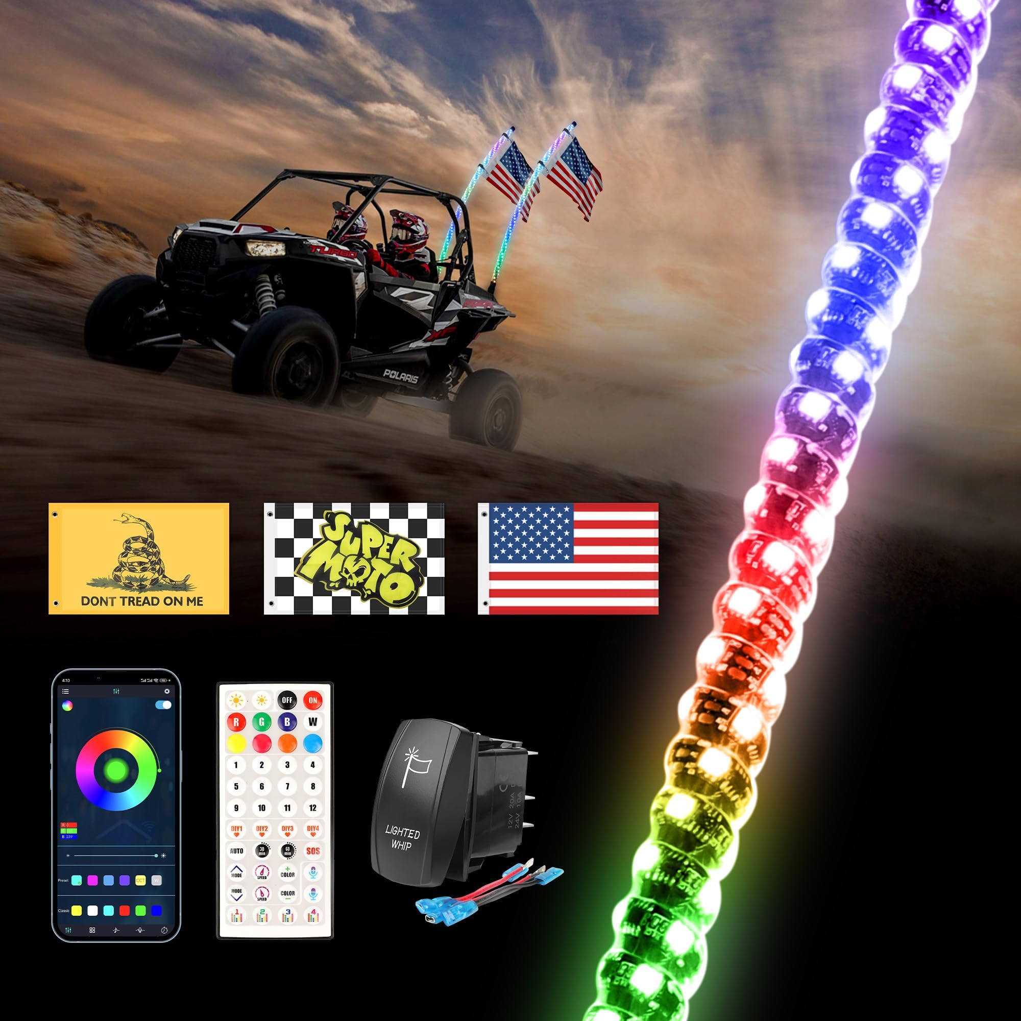 Ultimate 1PC 3FT Whip Light for UTV/ATV/RZR/Jeep with Spring Base, Rocker Switch & 3 Flags, Spiral RGB LED Light Whip, Lighted Antenna Whip for SXS, Can-Am, Truck, Dune Buggy, Polaris