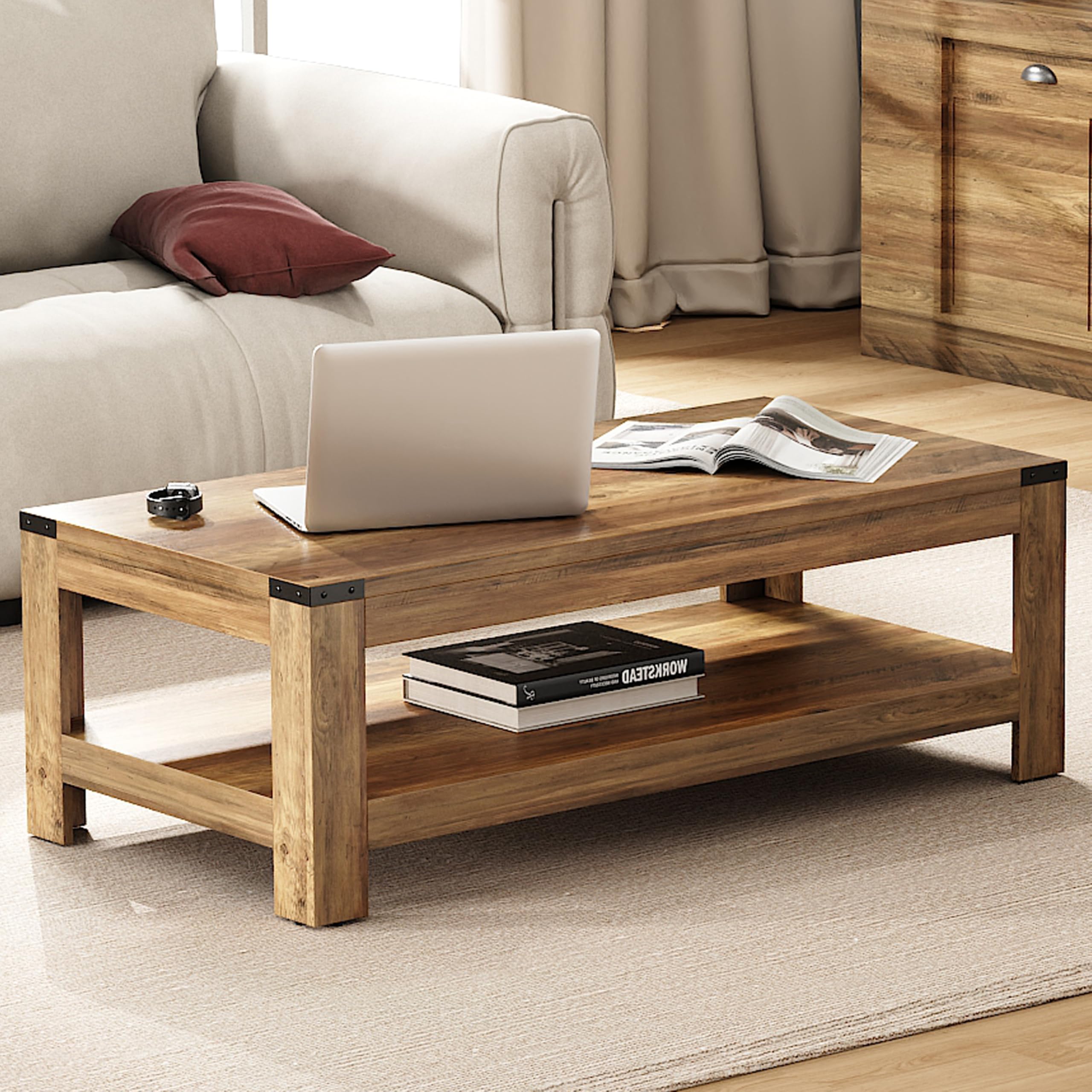 Farmhouse Coffee Table 47 2 Modern Rustic Wooden Center Table with Storage Rectangle Living Room Tables 2-Tier Industrial