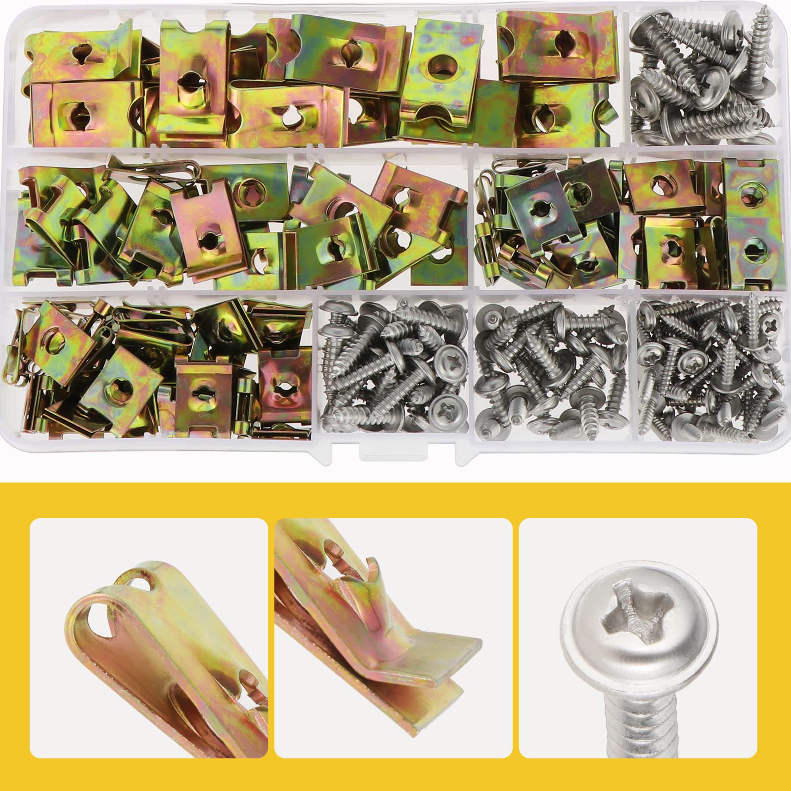 Gueenky 200 Pièces Agrafe Carrosserie, Ecrou Clip U Clips Vis Tole, Clips de Fixation Voiture Agrafe Vis Carrosserie Voiture pour Auto Moto