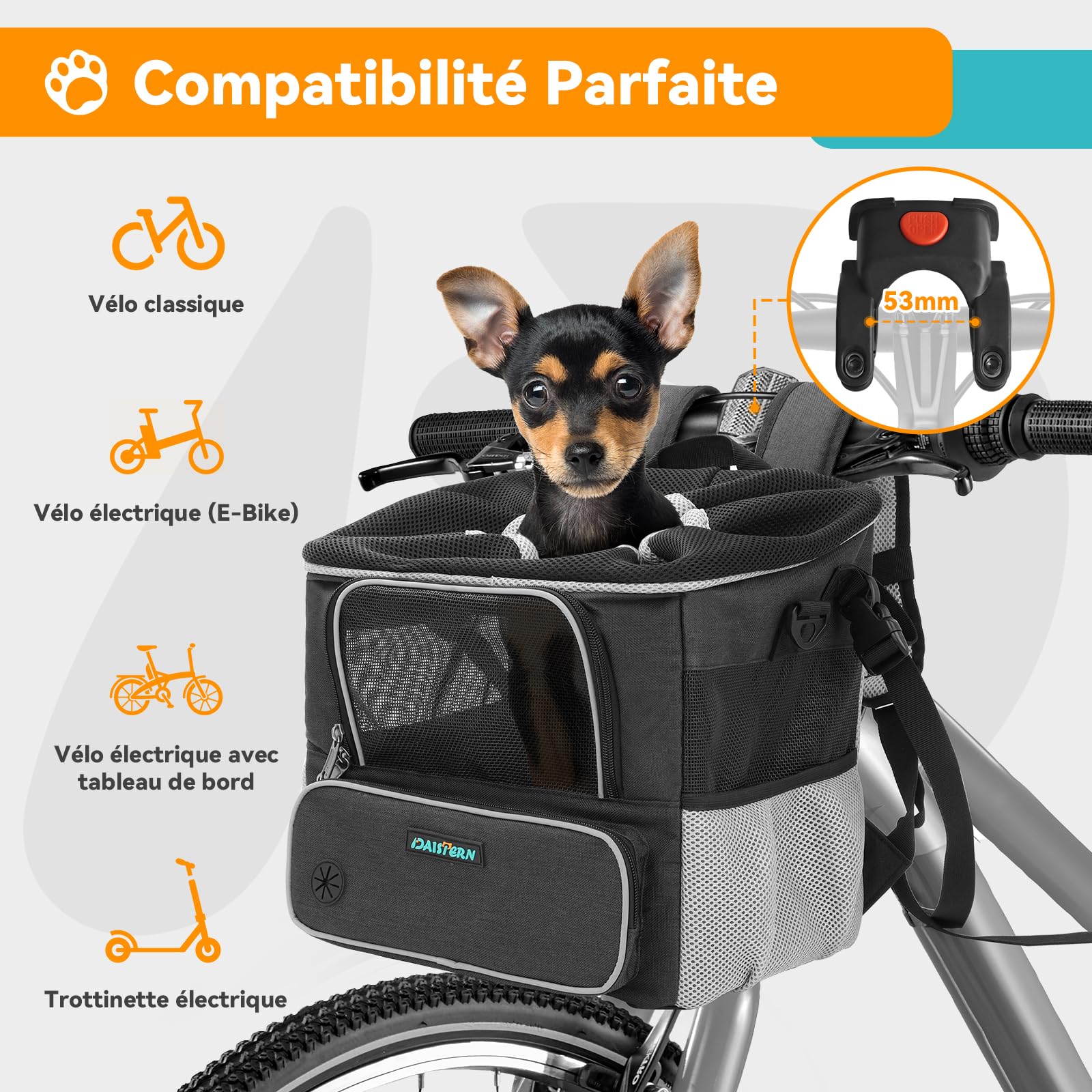 DAISTERN de BSWAY Panier Vélo Avant pour Chien Chat avec Support U Φ53mm, Sac Transport 4 en 1 jusqu'à 4KG, Fenêtres de Réseau Respirantes, Siège Confortable Imperméable Sac Bandoulière/Siège d'Auto