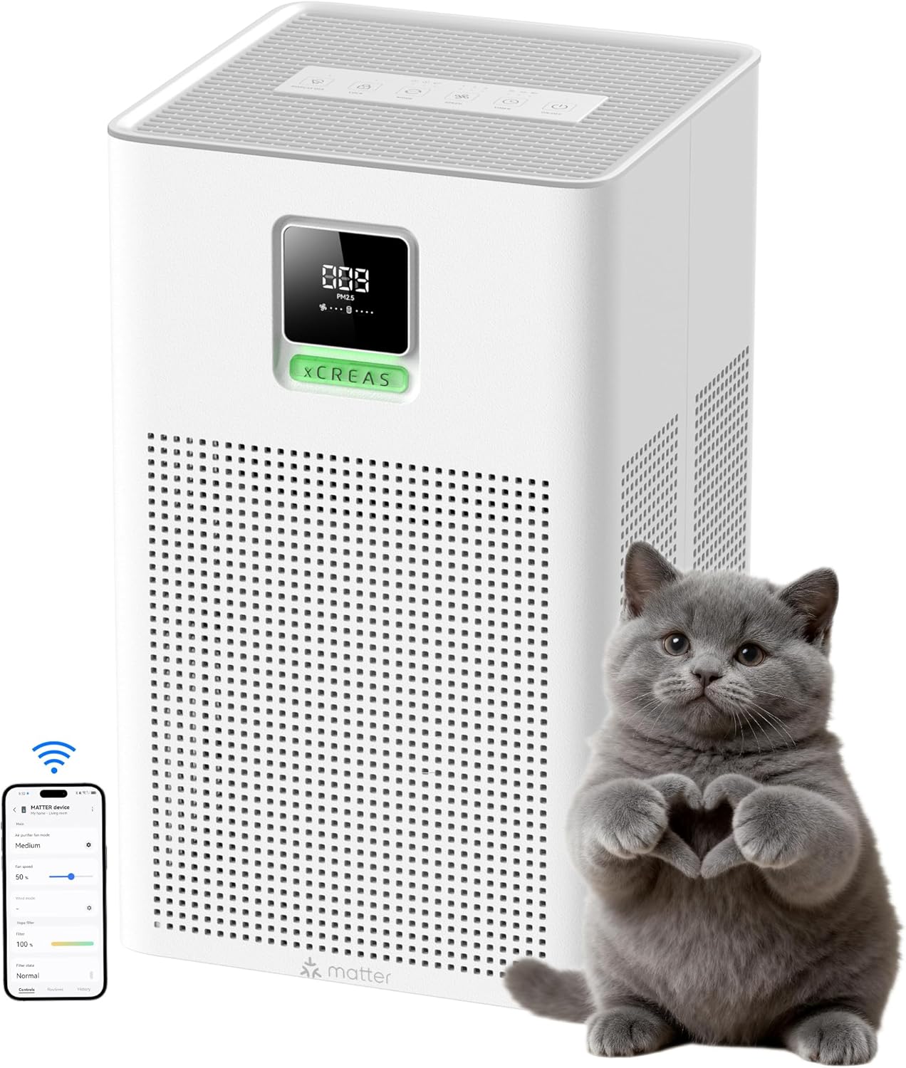 Smart Air Purifier Matter Compatible with Alexa Google Apple, Air Purifier for Bedroom, 1937 ft²/hr Corverage, Washable Pre-Filter, Aroma Essential Oil Drawer, PM2.5 Sensor, Quiet Eco Mode