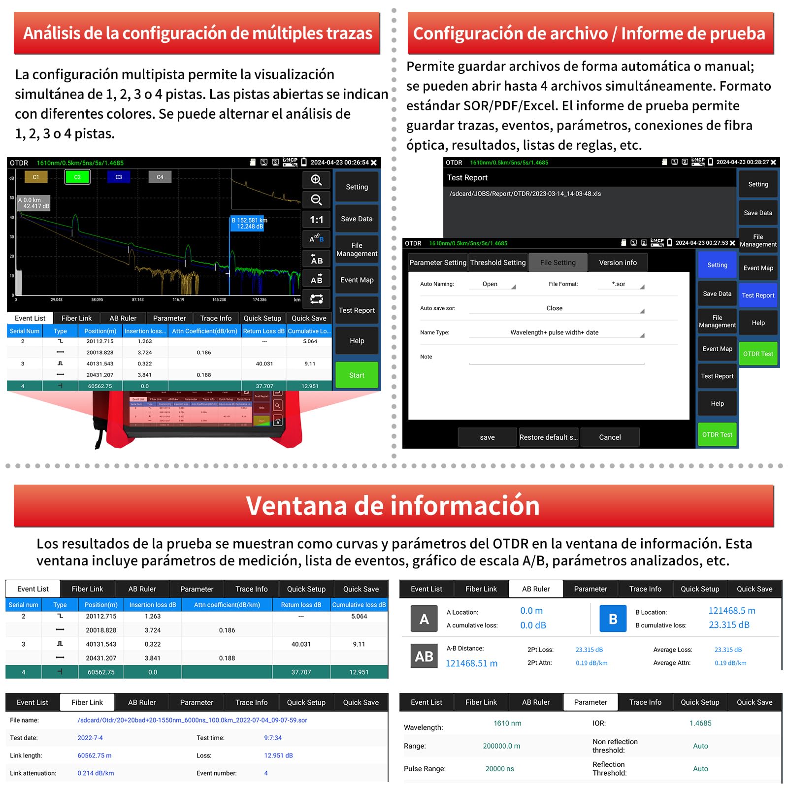Henkion OTDR 1610nm 32dB Probador Fibra Óptica 1310/1490/1550/1577nm Test Fibra en Vivo/Auto/Experto Mapa Eventos LS OPM OLS Probador Cable Herramientas Red Pantalla Táctil IPS 7" Resolución 1280x800