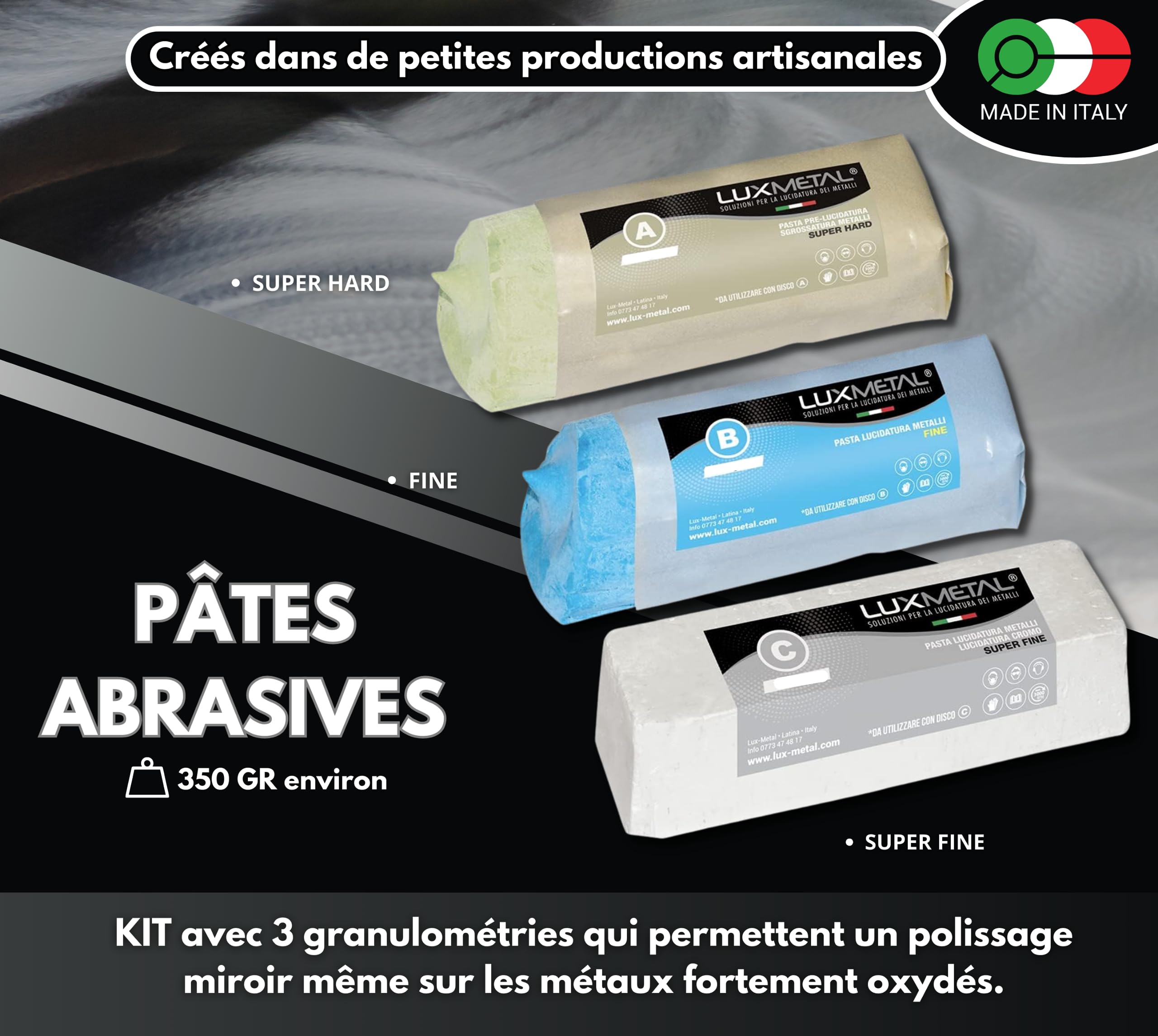 3 Pate a polir abrasive 350g A-B-C Fin Moyen Gros Kit de Polissage Metal Acier Inox Alu pour Aluminium laiton Metaux Nettoyage cuivre or argent Polish Chrome plexiglass Resine Epoxy Couteau