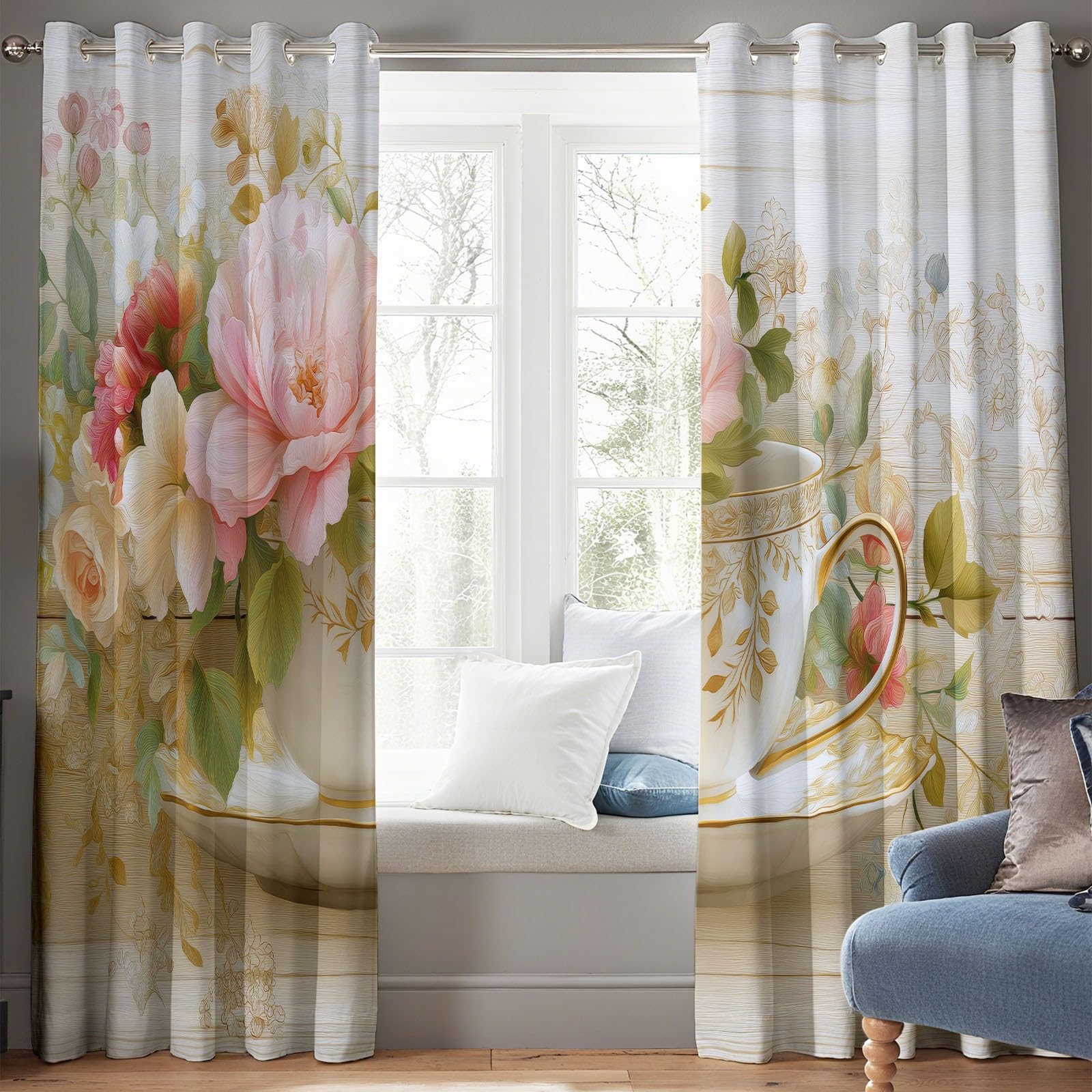 Dziecięca termiczna zasłona zaciemniająca elegancka kwiatowa filiżanka do herbaty 110 x 215 cm zestaw 2 zasłon z nadrukiem do salonu, dekoracji okna, kuchni, do wnętrz, zasłon i zasłon z oczkami
