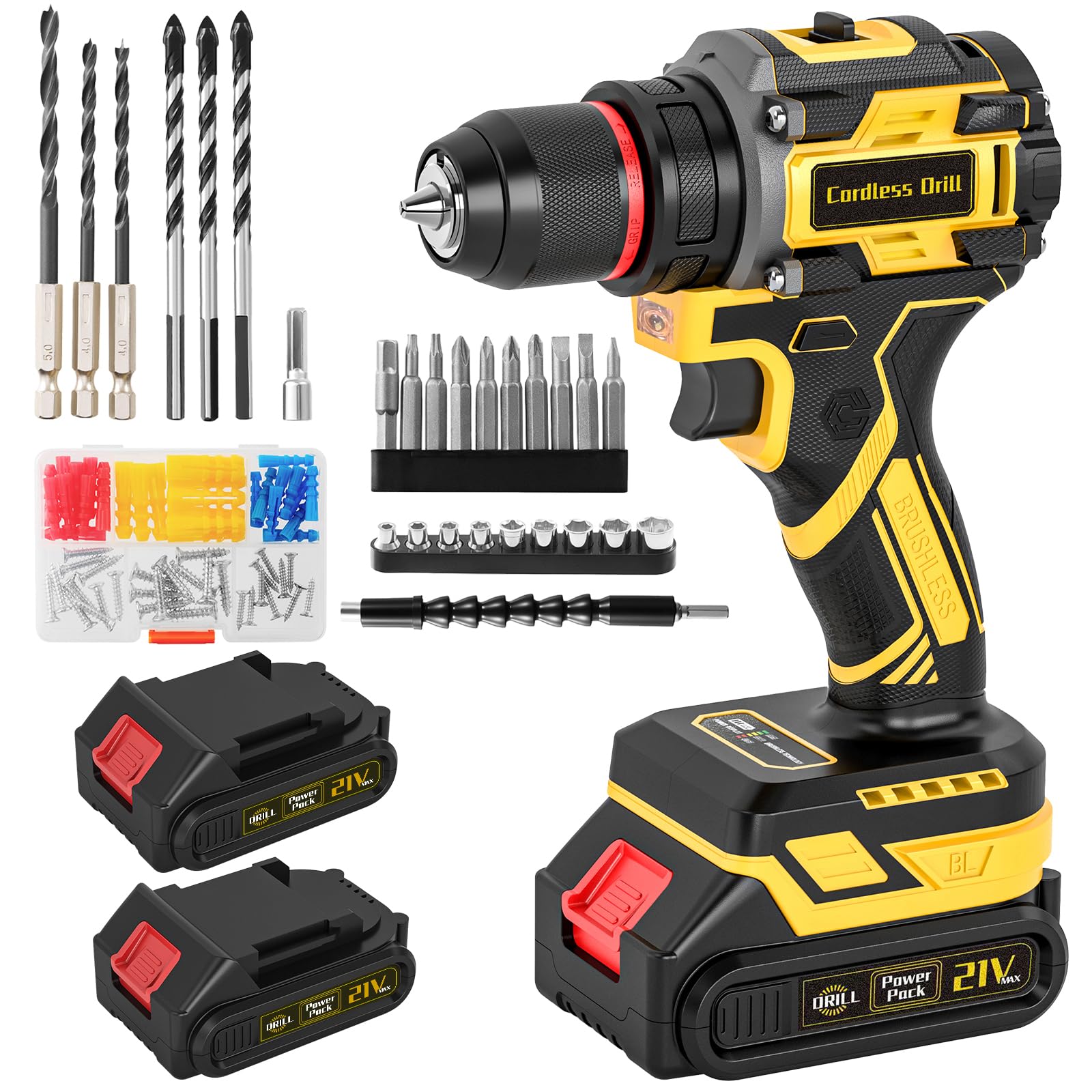 Trapano senza fili, trapano elettrico senza spazzole da 21 V con doppio alimentatore da 2,0 Ah e caricabatterie, set di trapani elettrici, mandrino da 3/8", coppia 25+1, strumento per trapani a 2