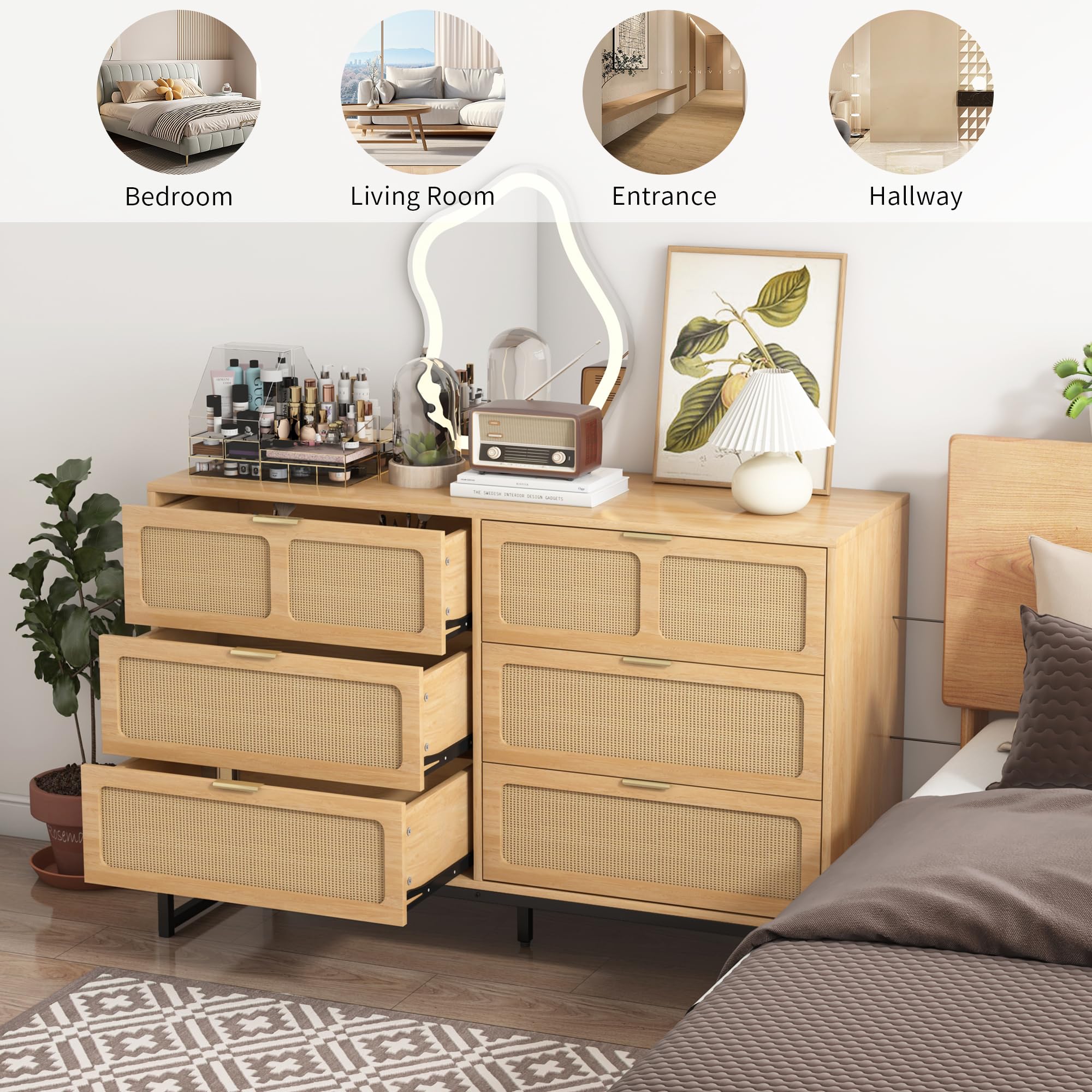 Jluomei Rattan 6 Drawer Dresser Boho Dresser with Rattan Drawers Farmhouse Wood Storage Chest of Drawers for Bedroom, Living Room, Entryway, Wood : Home & Kitchen